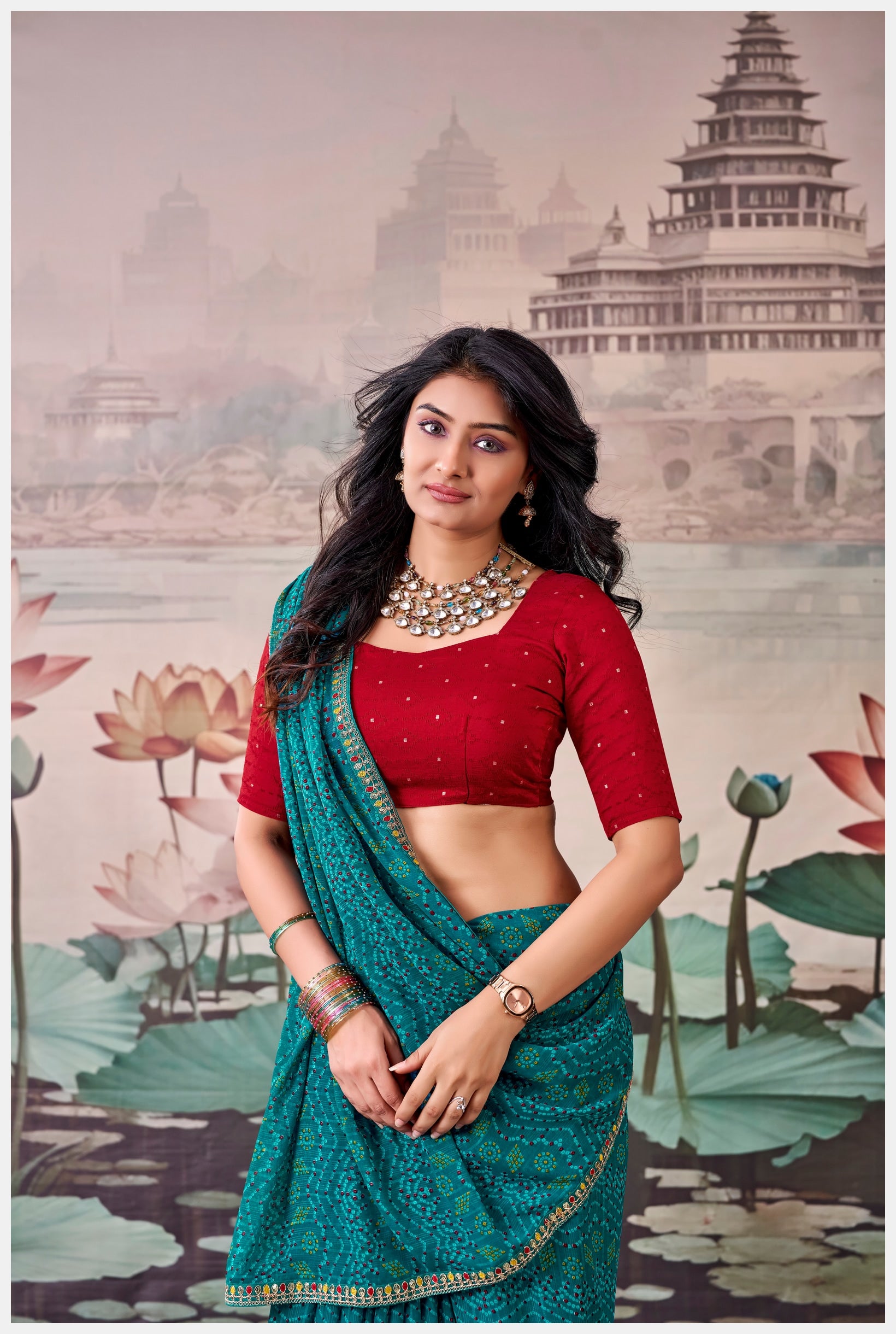 Peachmode Teal Raj Mahal Embroidered Saree - Image 5