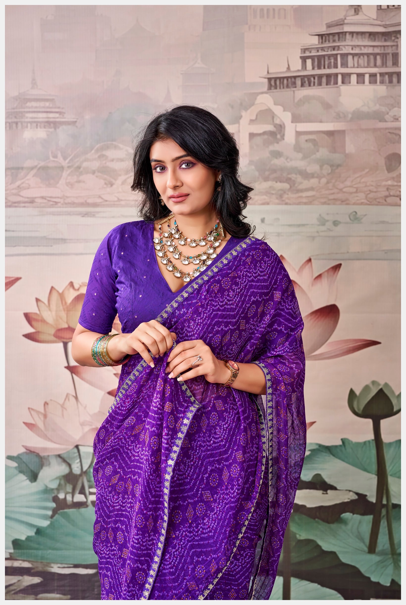 Peachmode Purple Raj Mahal Embroidered Saree - Image 4