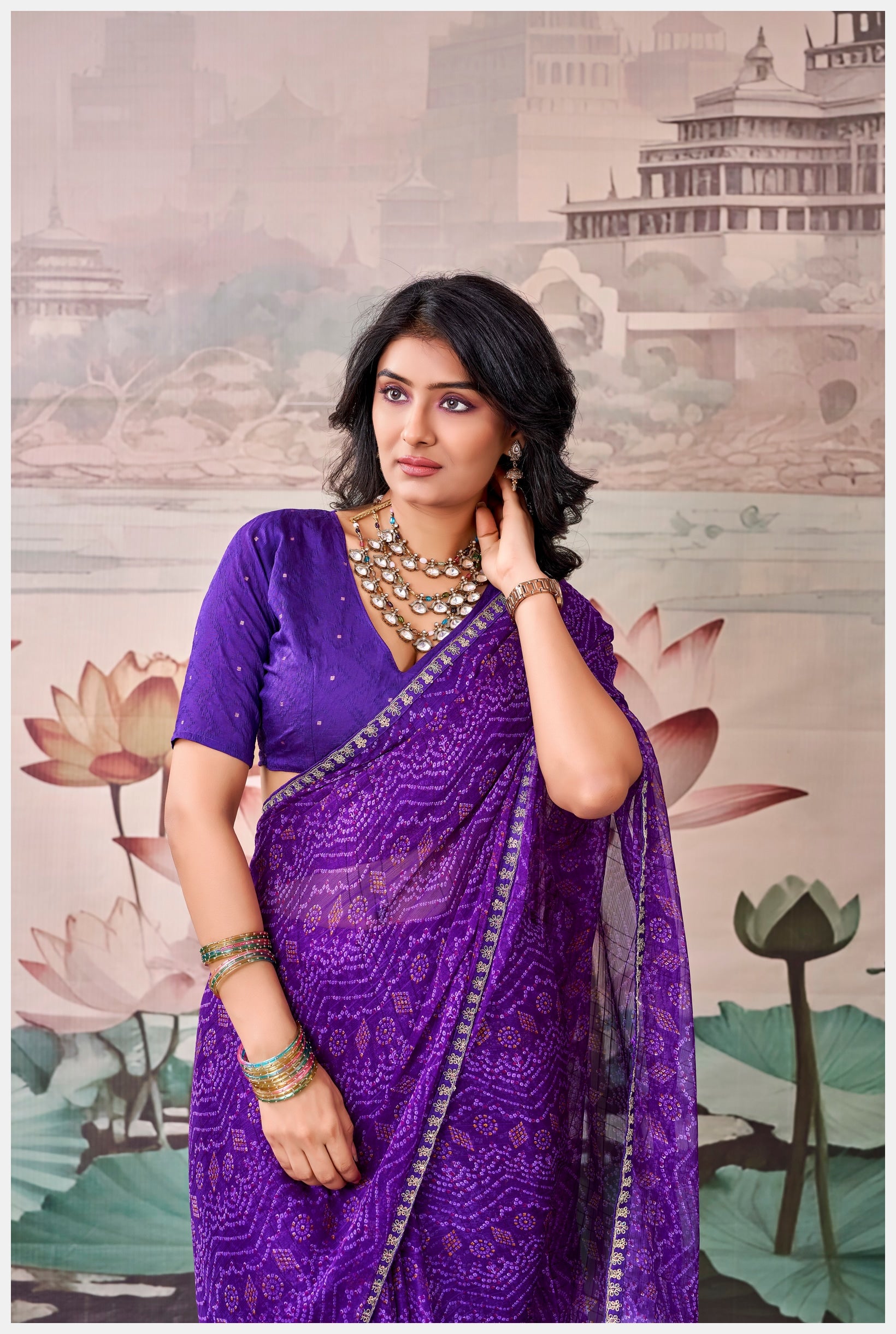 Peachmode Purple Raj Mahal Embroidered Saree - Image 5