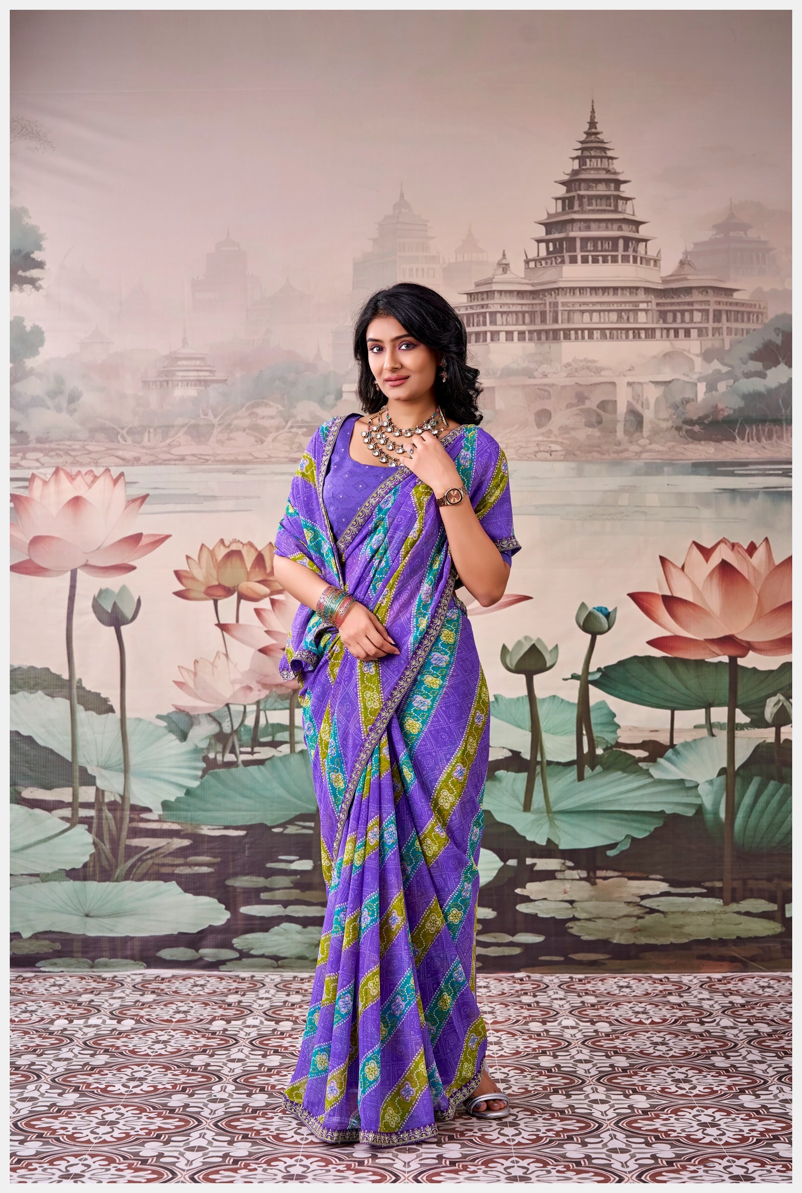 Peachmode Purple Raj Mahal Embroidered Saree - Image 3