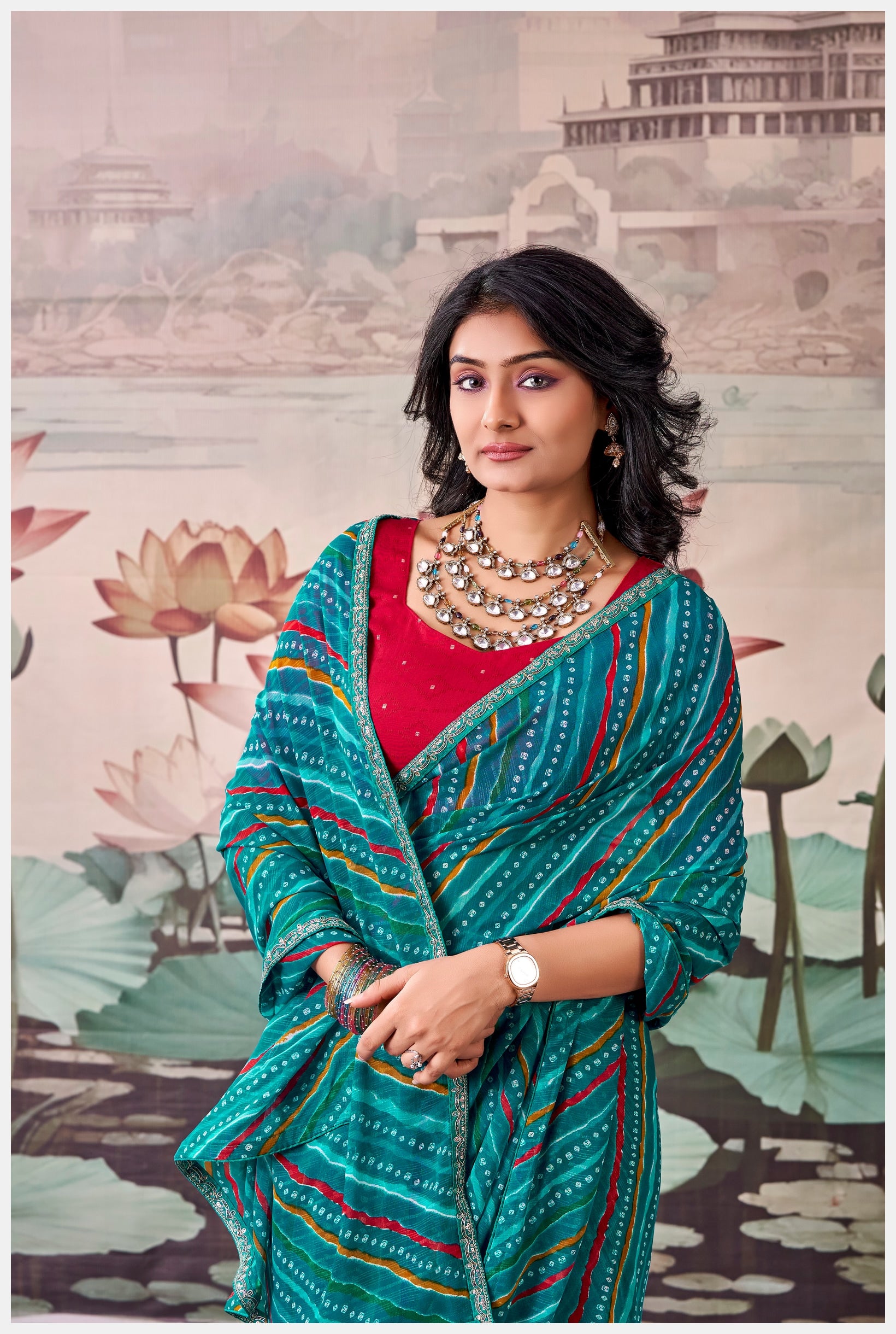 Peachmode Teal Raj Mahal Embroidered Saree - Image 4