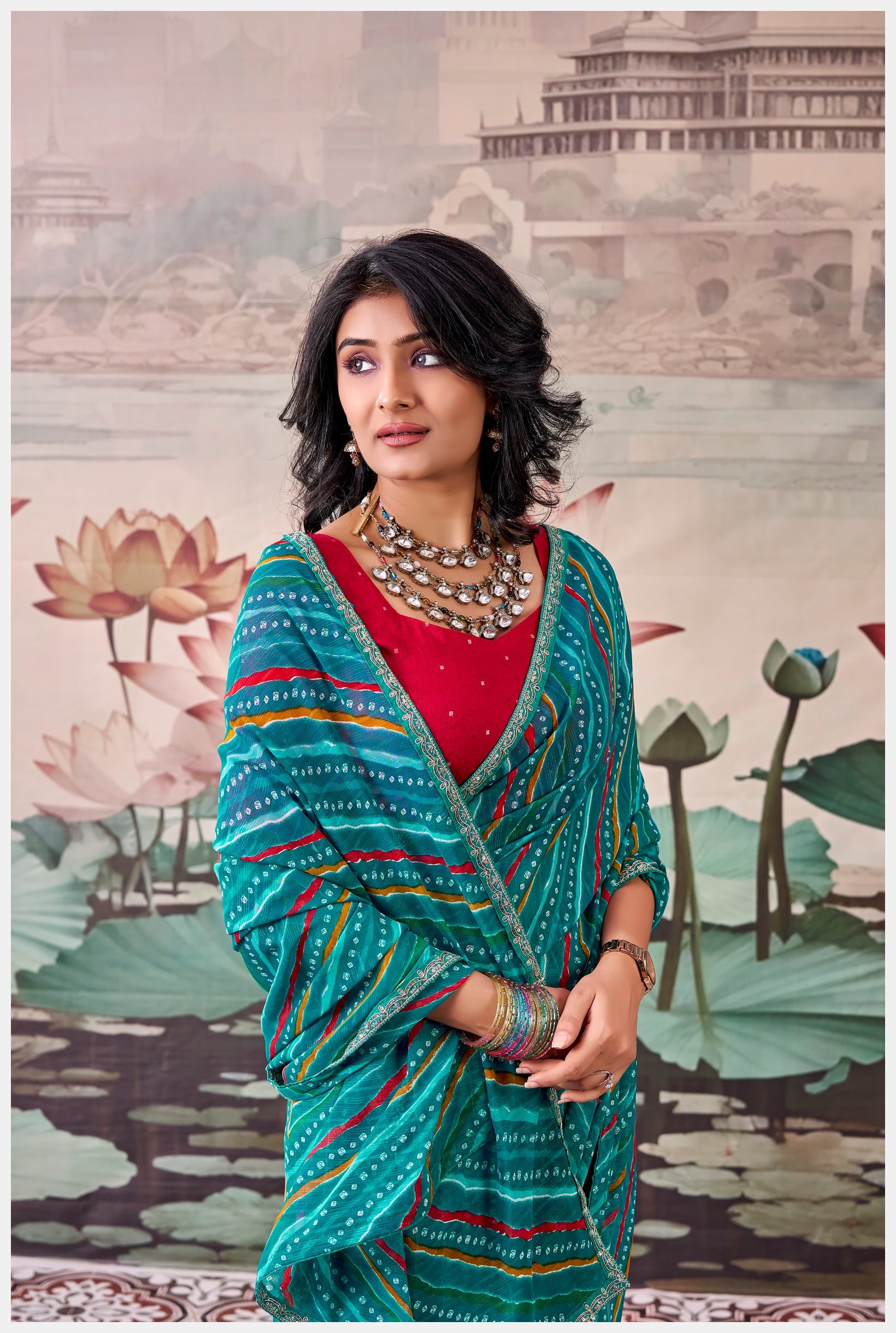 Peachmode Teal Raj Mahal Embroidered Saree - Image 5