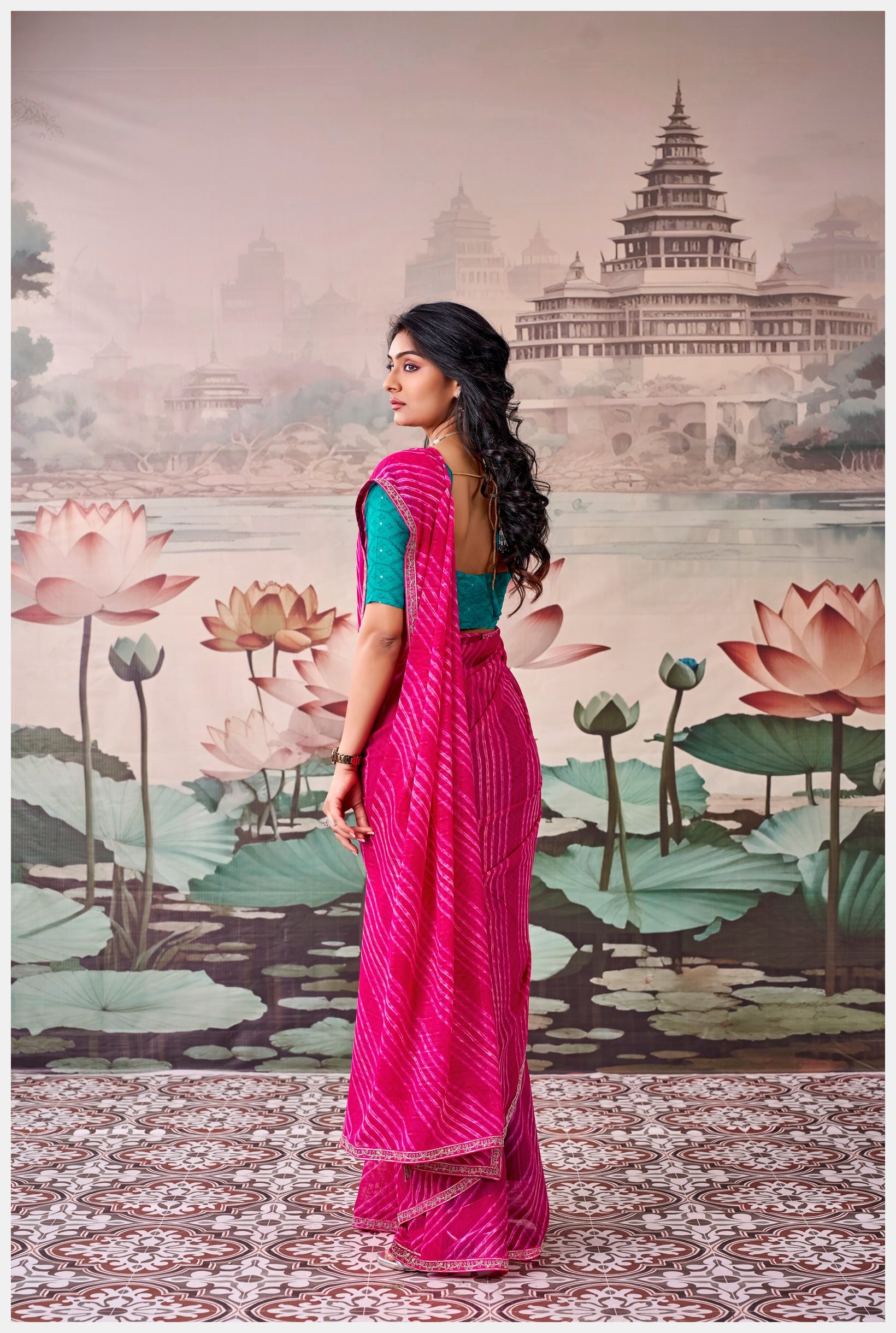 Peachmode Pink Raj Mahal Embroidered Saree - Image 3