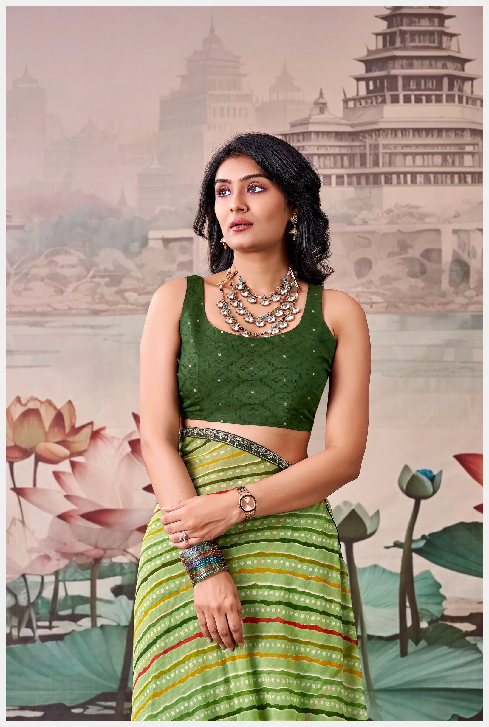 Peachmode Green Raj Mahal Embroidered Saree - Image 2
