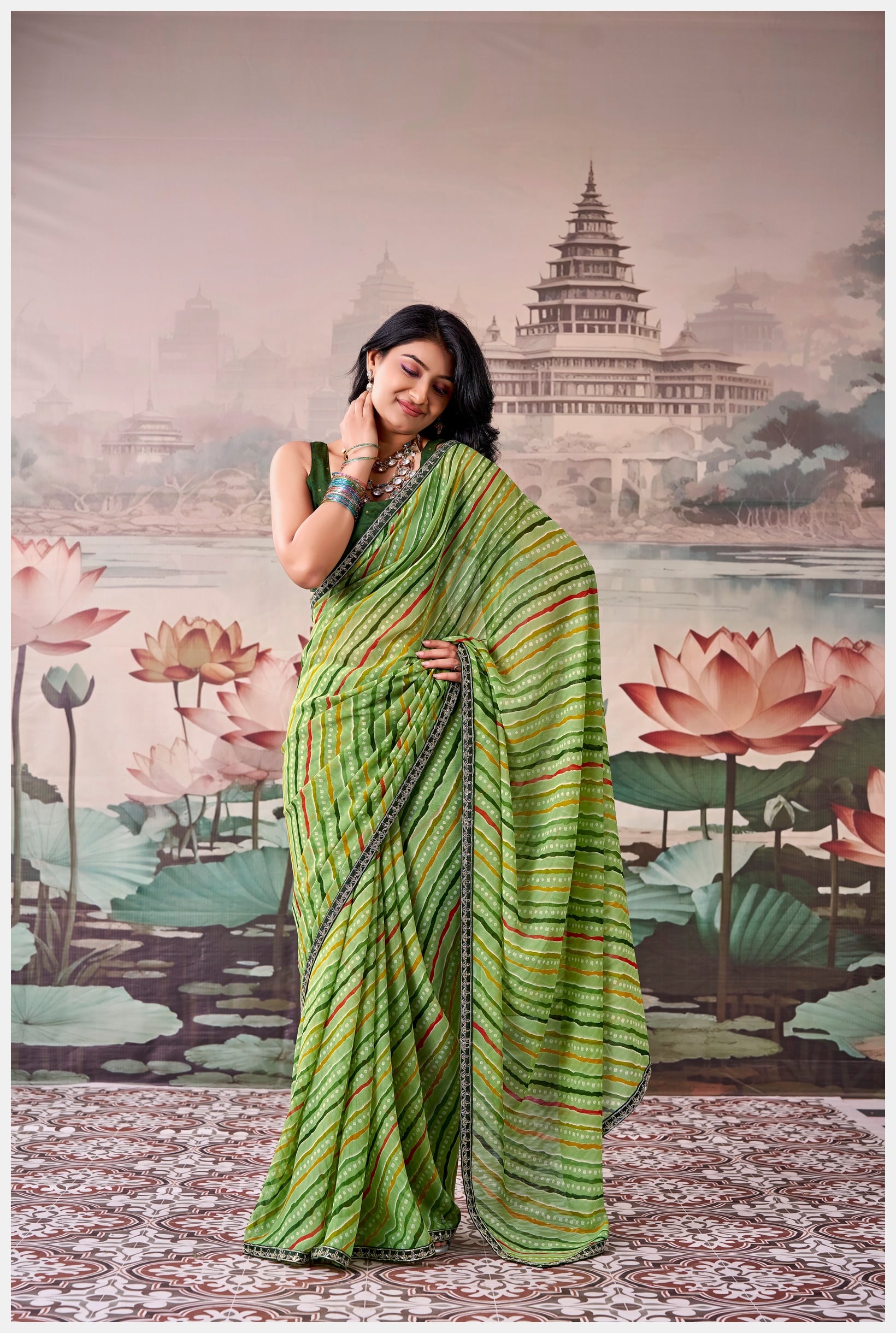 Peachmode Green Raj Mahal Embroidered Saree - Image 3
