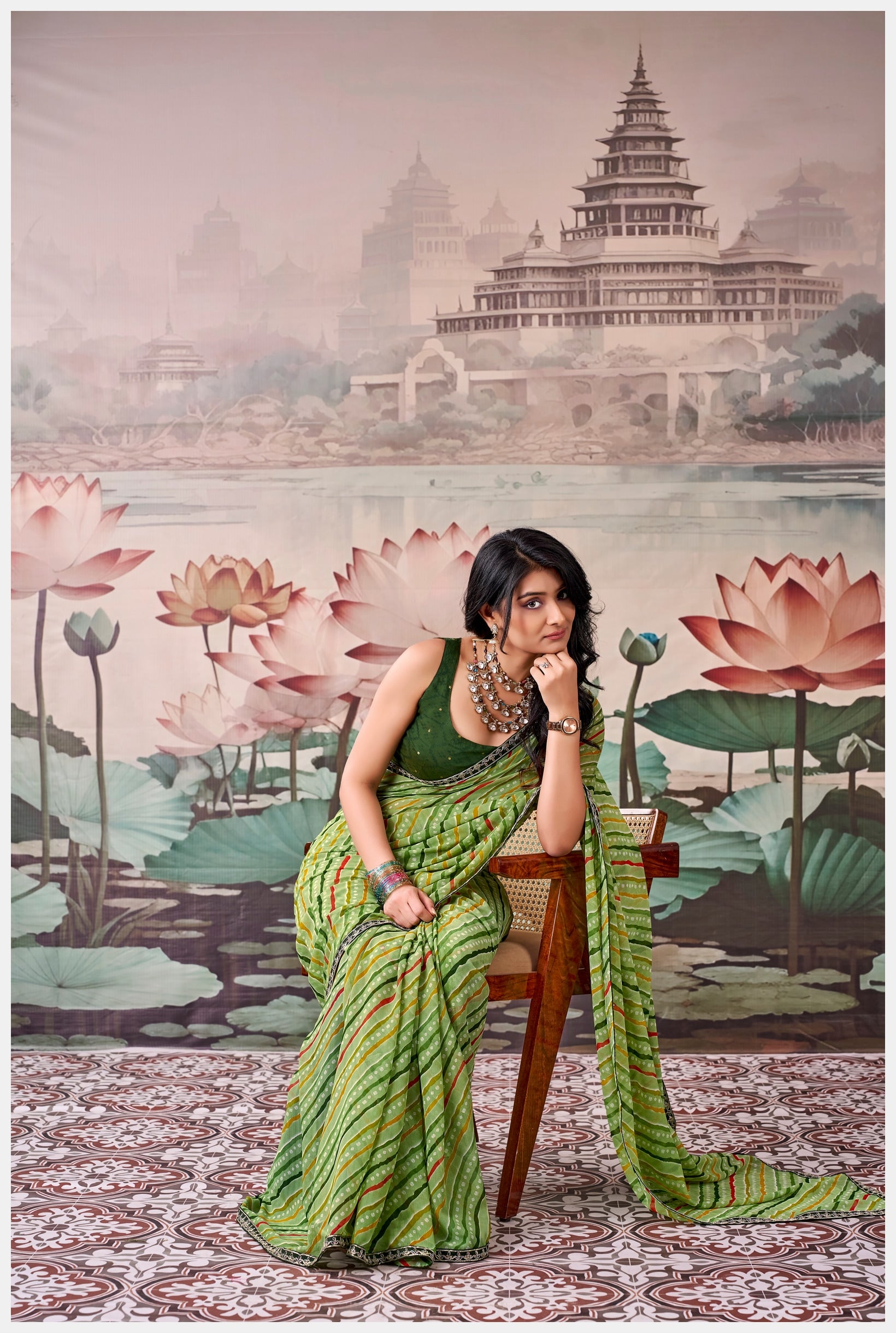 Peachmode Green Raj Mahal Embroidered Saree - Image 4