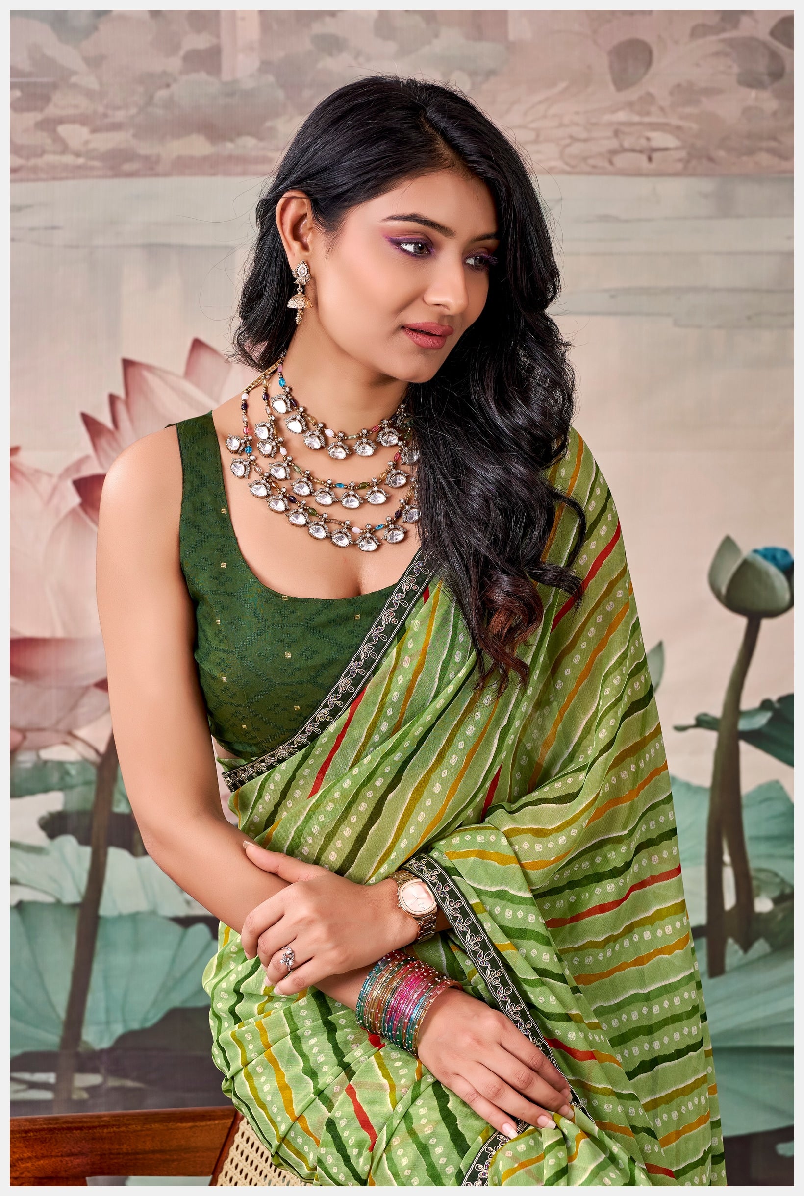 Peachmode Green Raj Mahal Embroidered Saree - Image 5