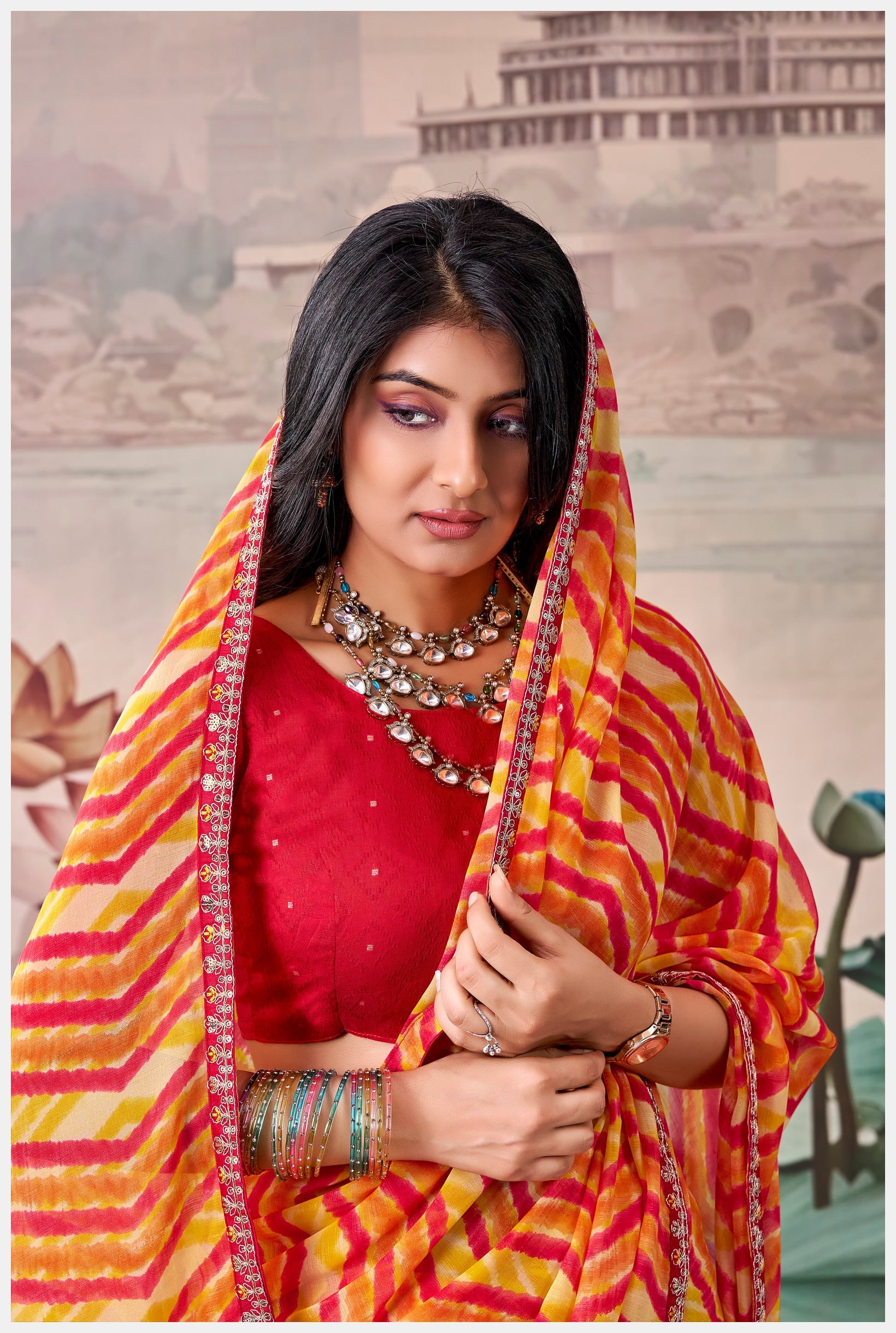 Peachmode Orange Raj Mahal Embroidered Saree - Image 4