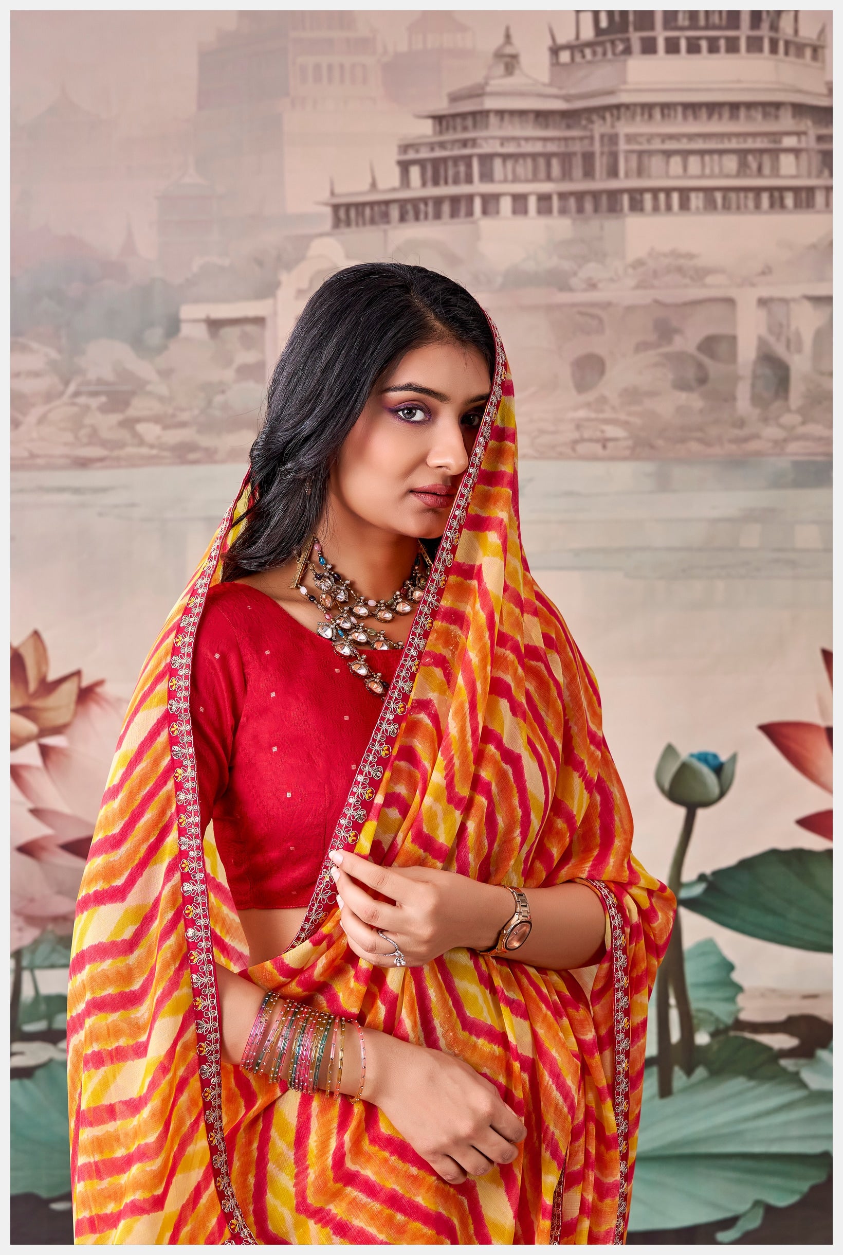 Peachmode Orange Raj Mahal Embroidered Saree - Image 5