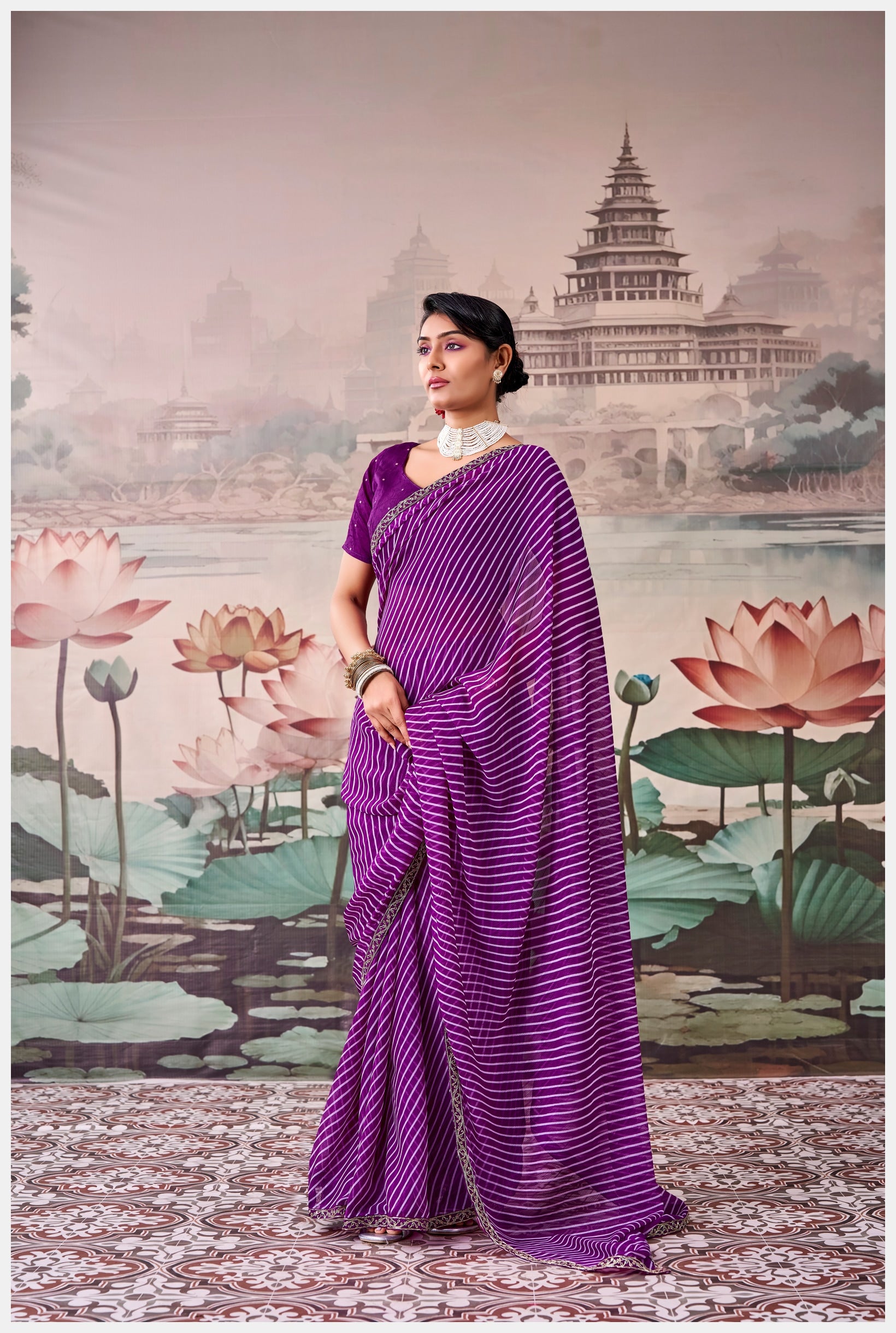 Peachmode Purple Raj Mahal Embroidered Saree - Image 3