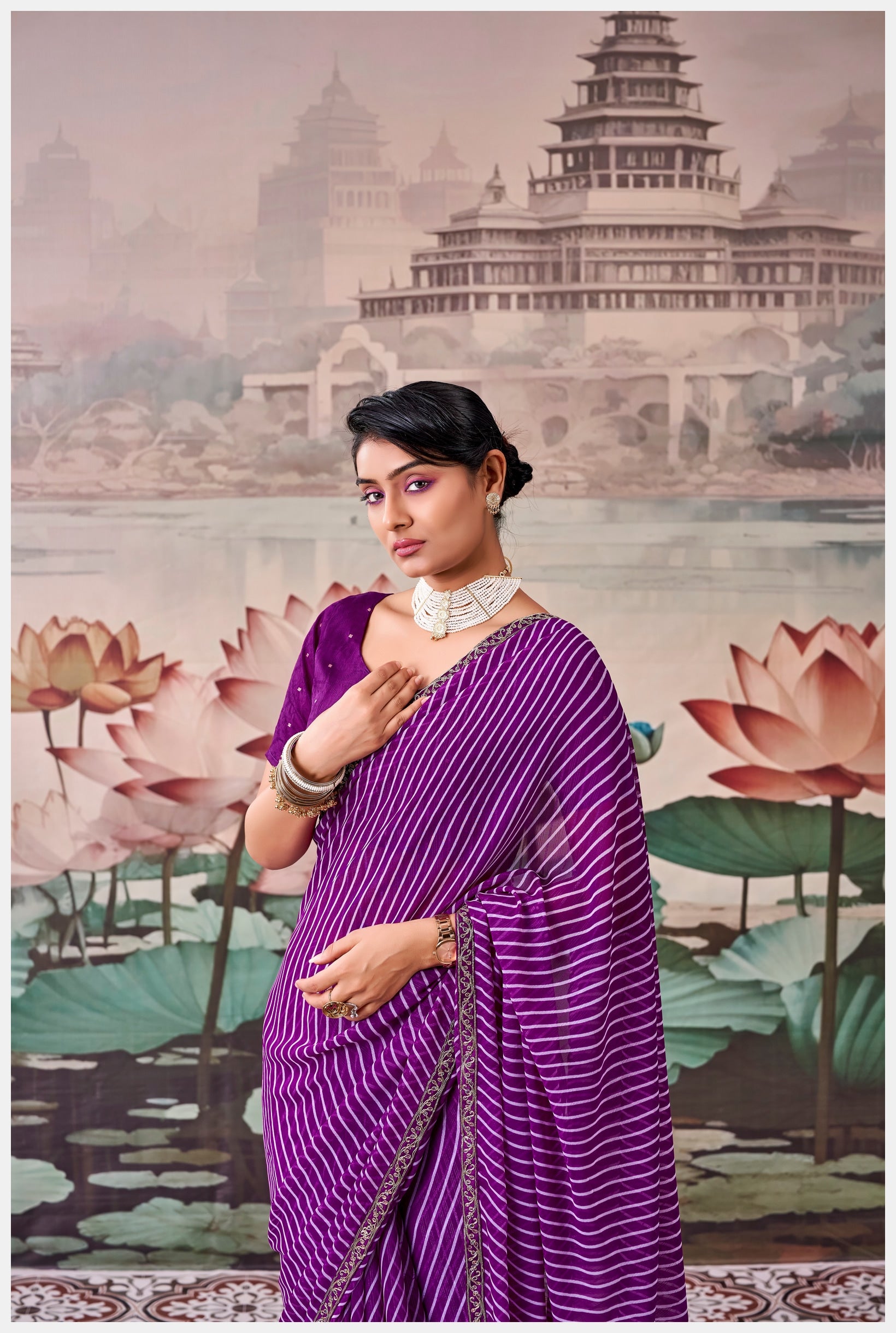 Peachmode Purple Raj Mahal Embroidered Saree - Image 4