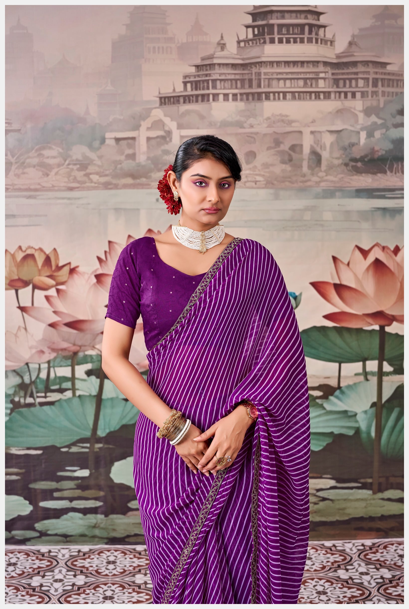 Peachmode Purple Raj Mahal Embroidered Saree - Image 5
