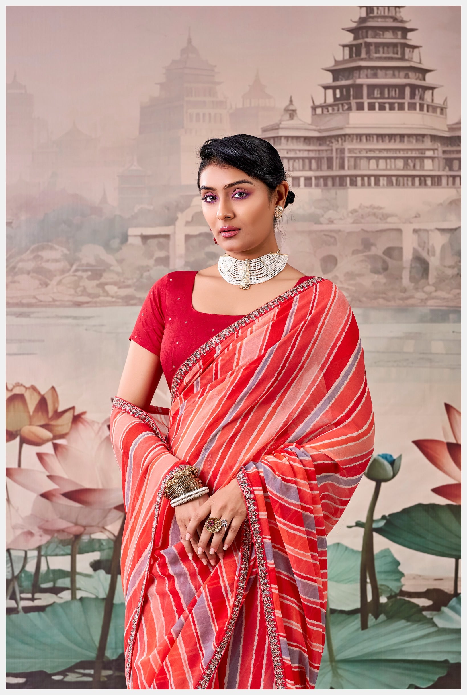 Peachmode Red Raj Mahal Embroidered Saree - Image 4