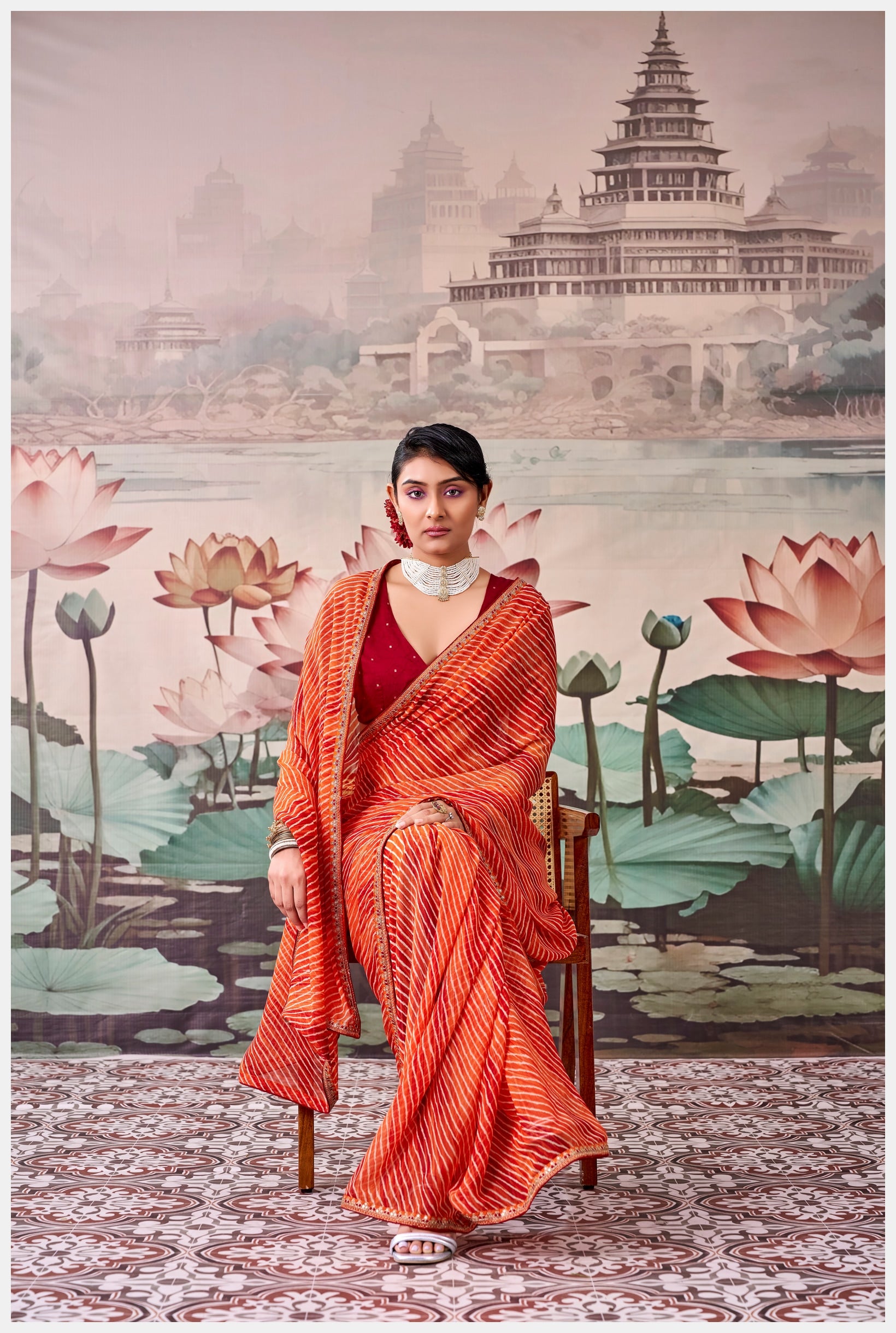 Peachmode Orange Raj Mahal Embroidered Saree - Image 4