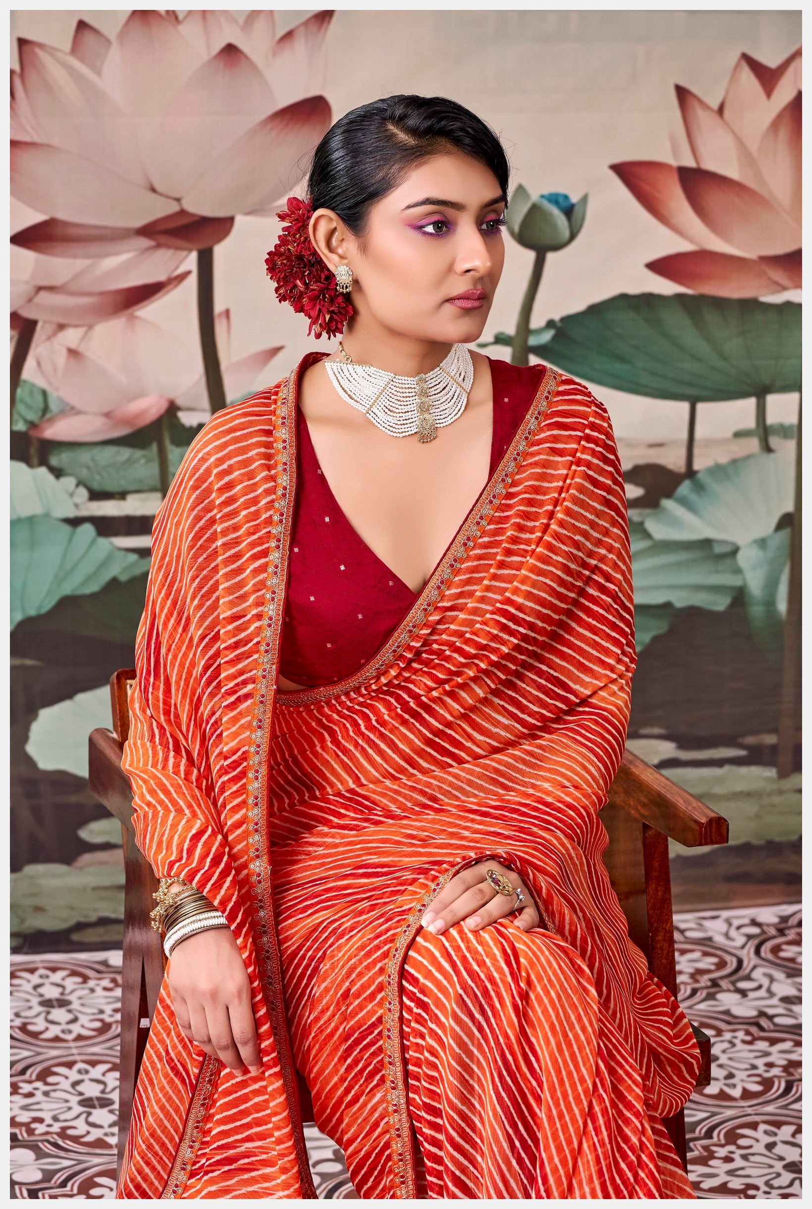 Peachmode Orange Raj Mahal Embroidered Saree - Image 5