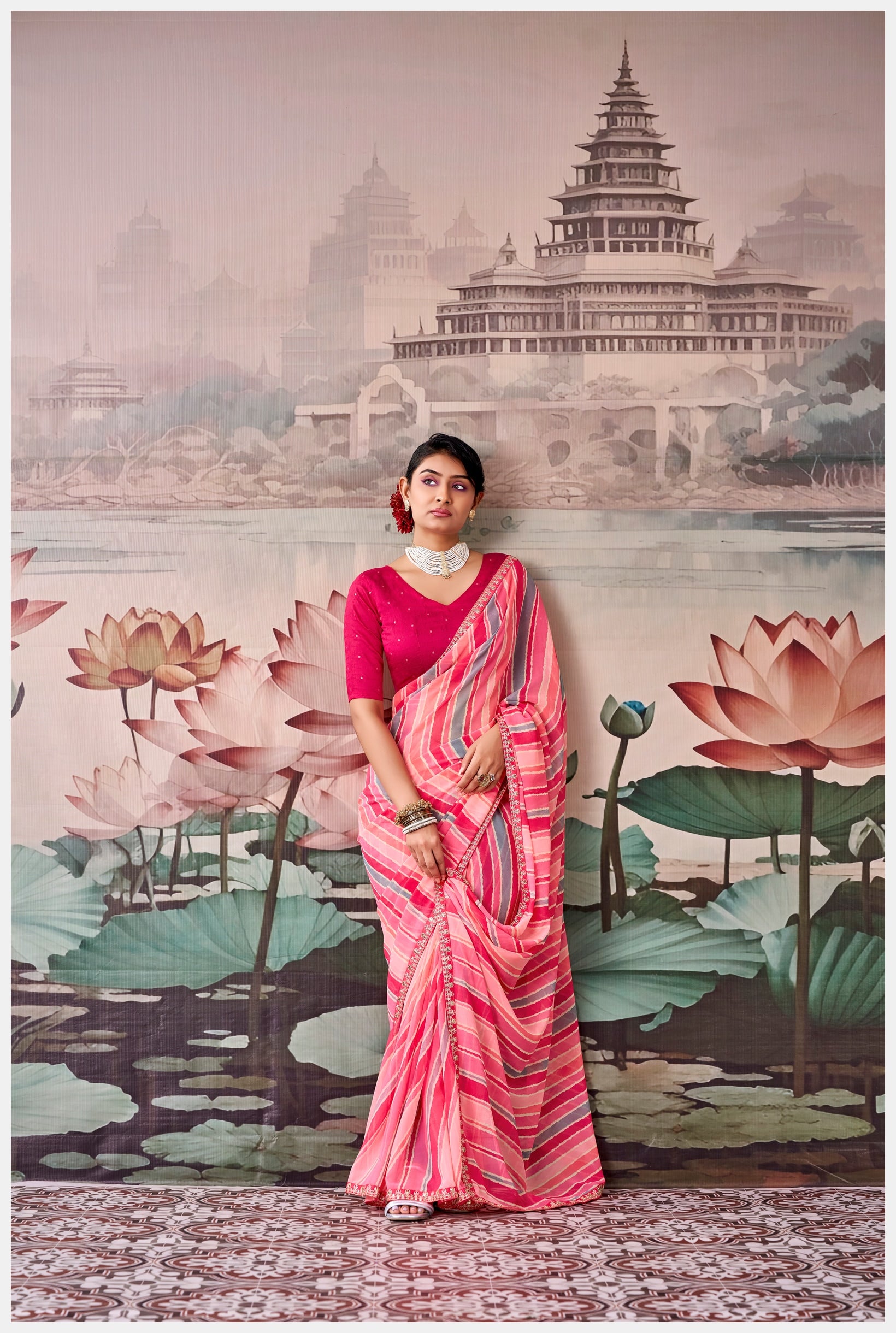 Peachmode Pink Raj Mahal Embroidered Saree - Image 3