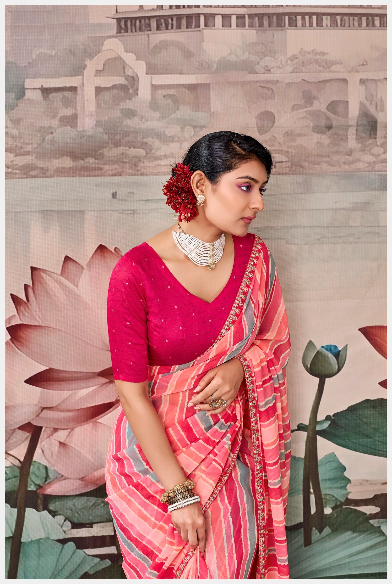 Peachmode Pink Raj Mahal Embroidered Saree - Image 4