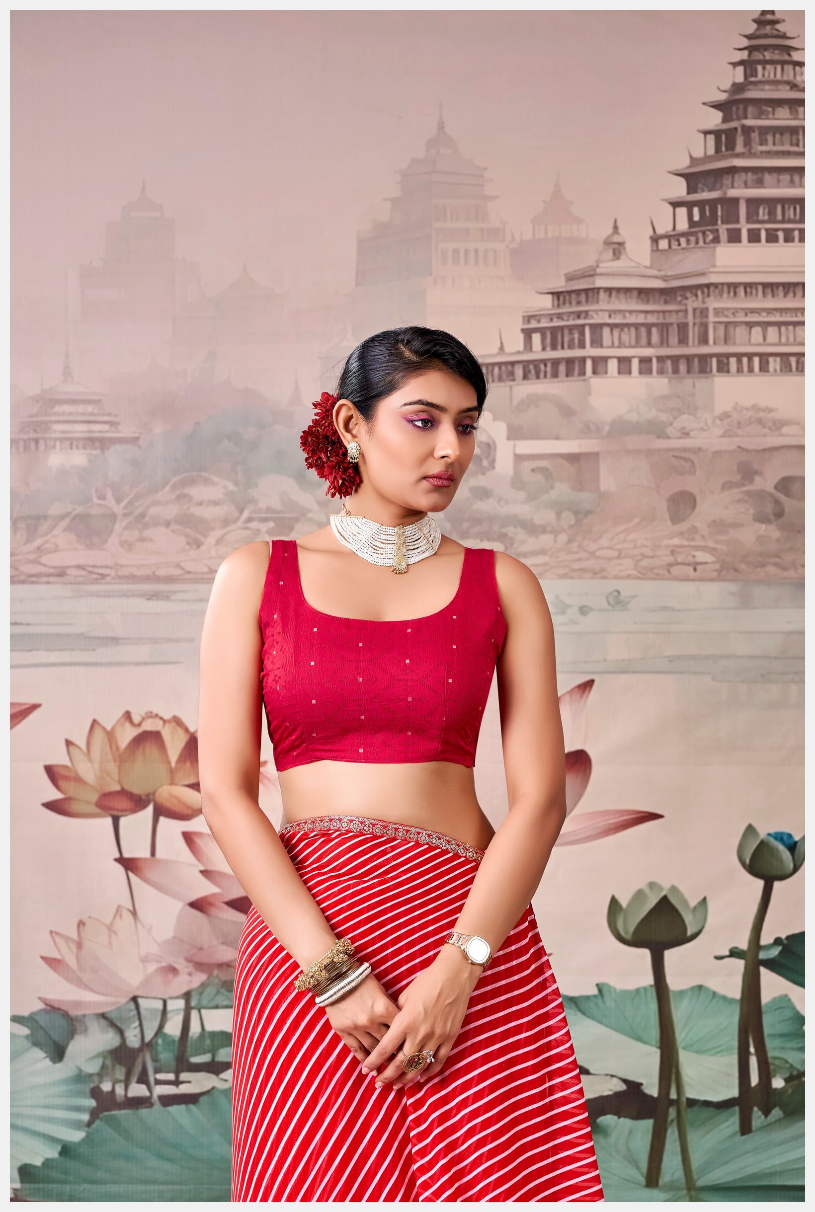 Peachmode Red Raj Mahal Embroidered Saree - Image 2