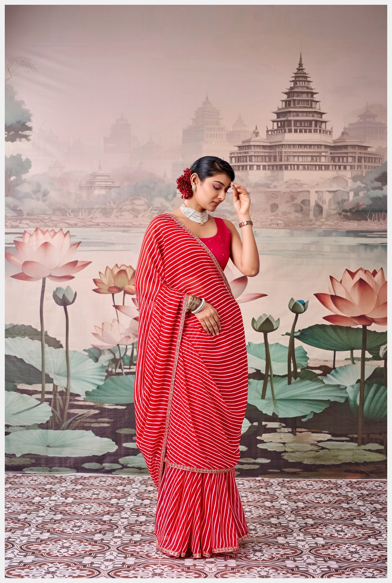 Peachmode Red Raj Mahal Embroidered Saree - Image 3