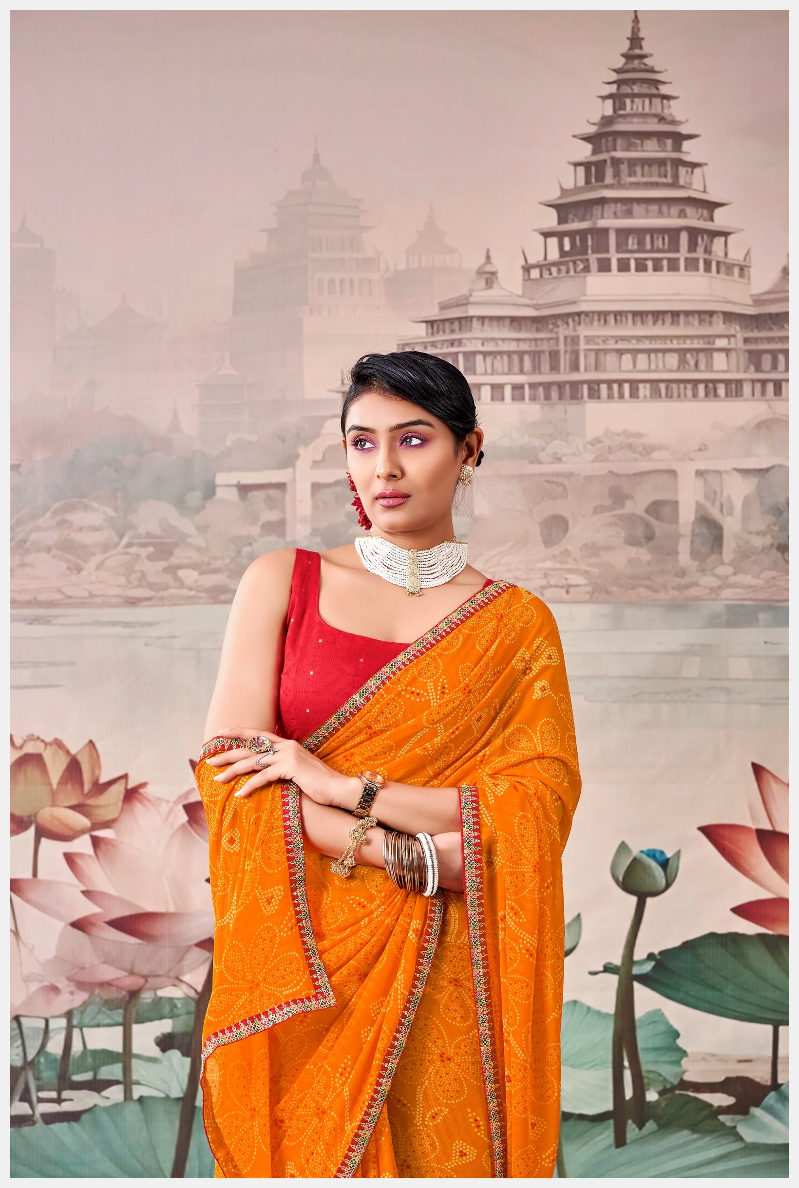 Peachmode Orange Raj Mahal Embroidered Saree - Image 4