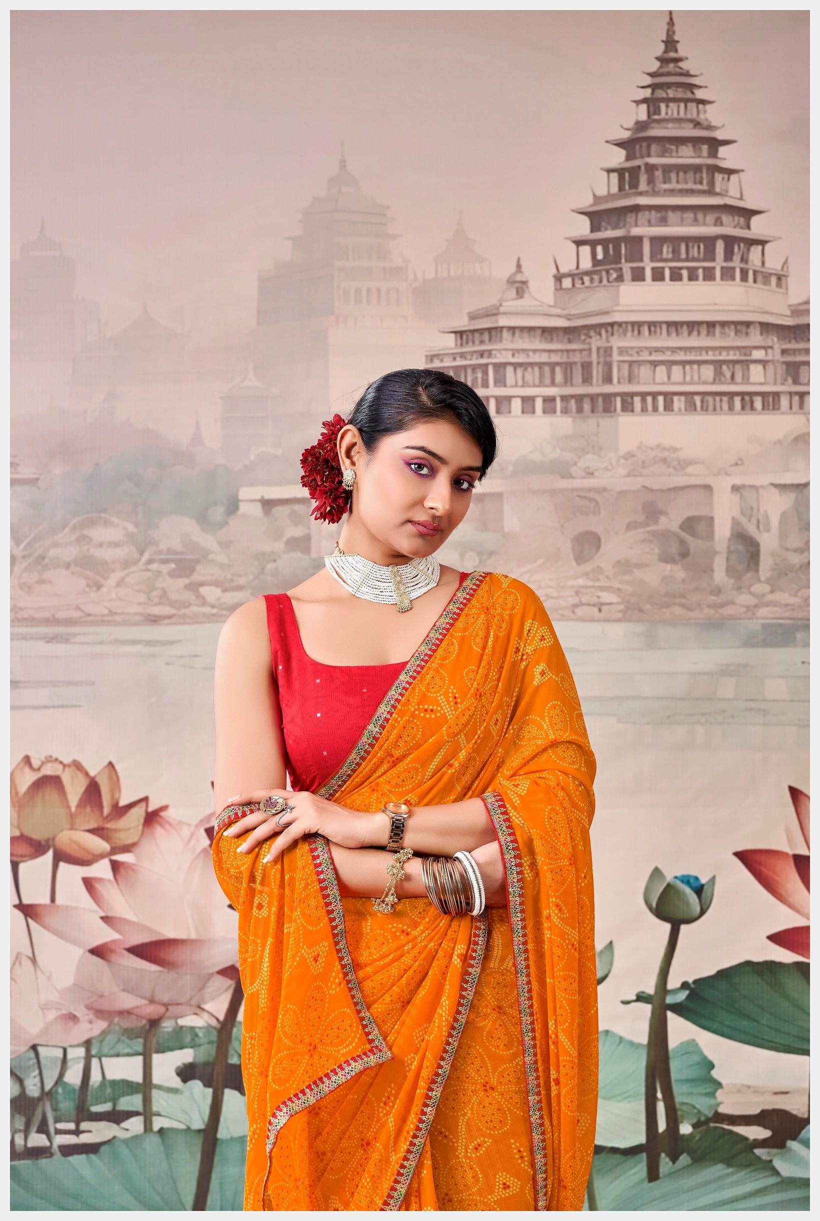 Peachmode Orange Raj Mahal Embroidered Saree - Image 5