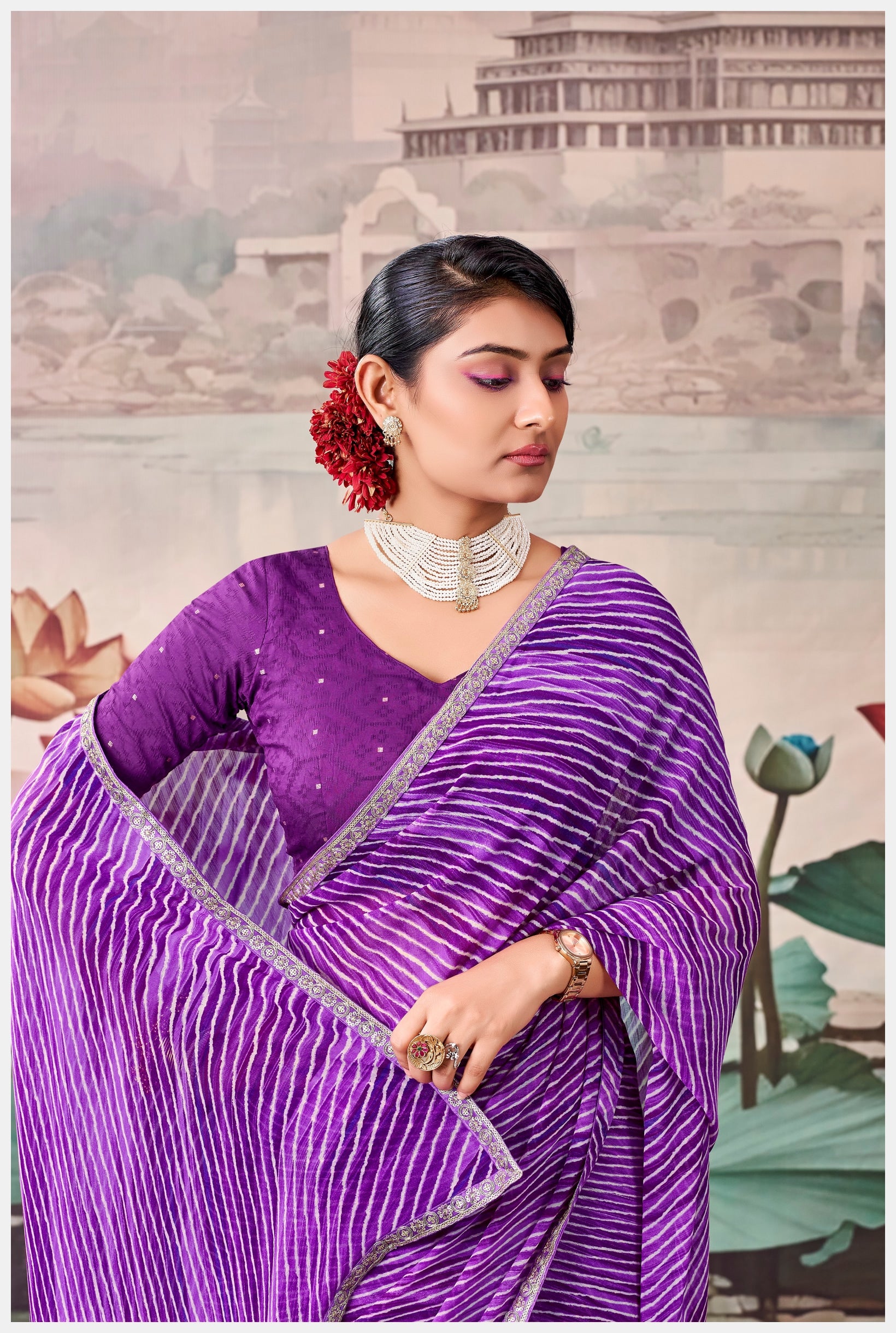 Peachmode Purple Raj Mahal Embroidered Saree - Image 5