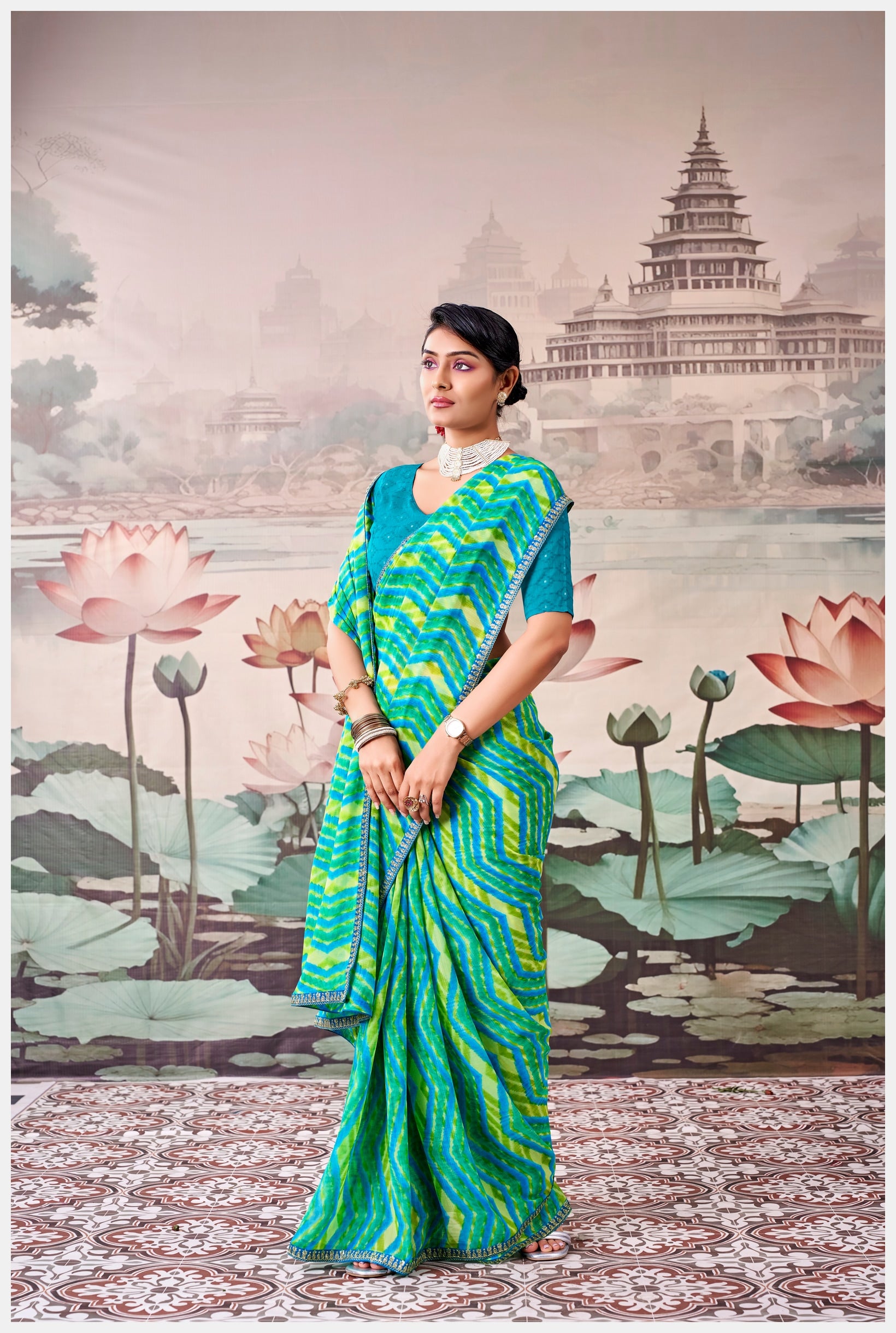 Peachmode Teal Raj Mahal Embroidered Saree - Image 3
