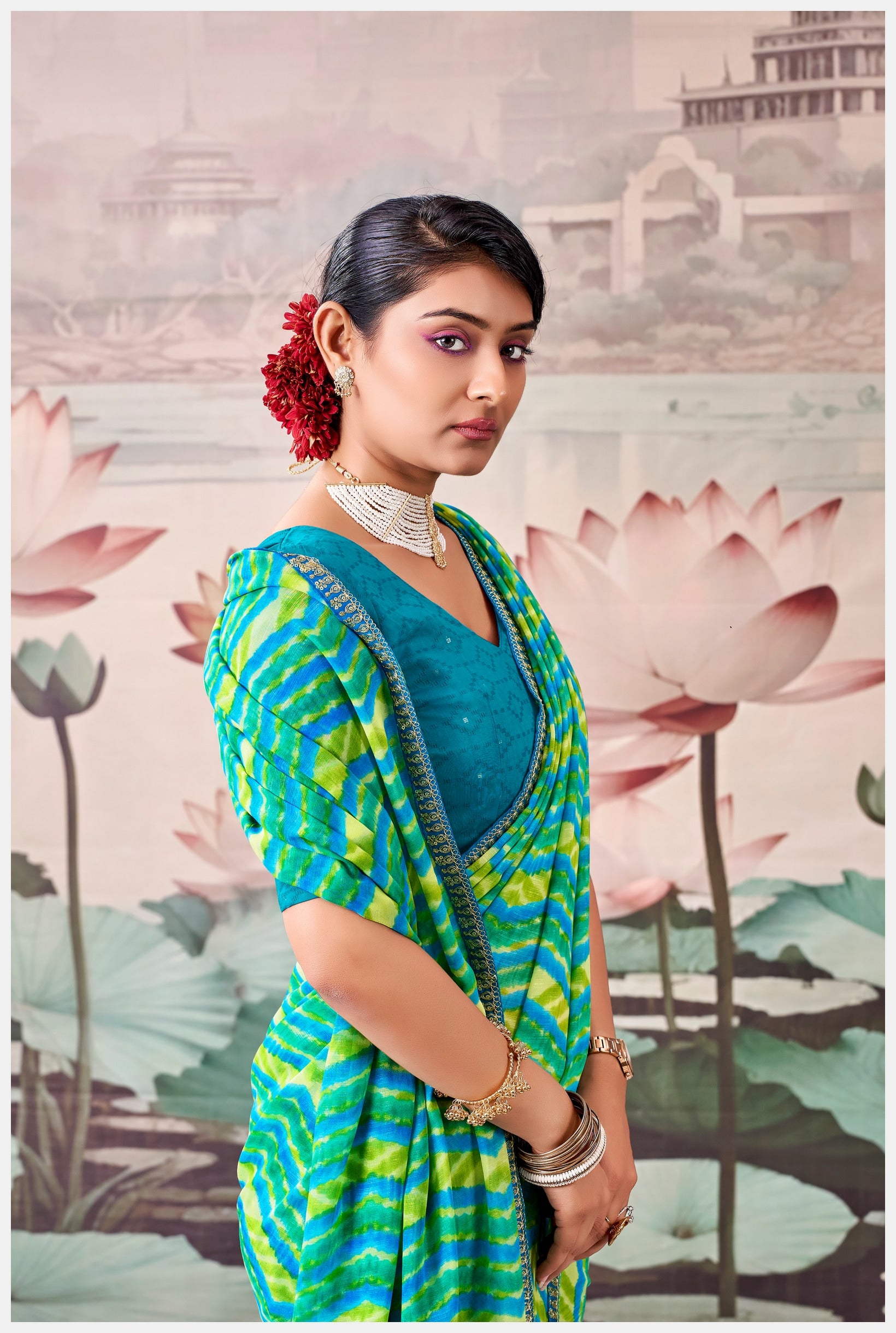 Peachmode Teal Raj Mahal Embroidered Saree - Image 4