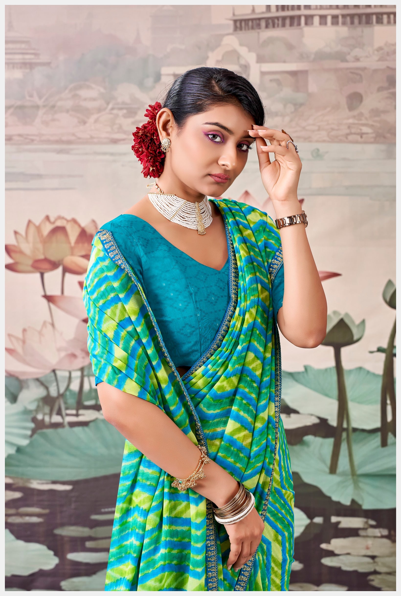 Peachmode Teal Raj Mahal Embroidered Saree - Image 5