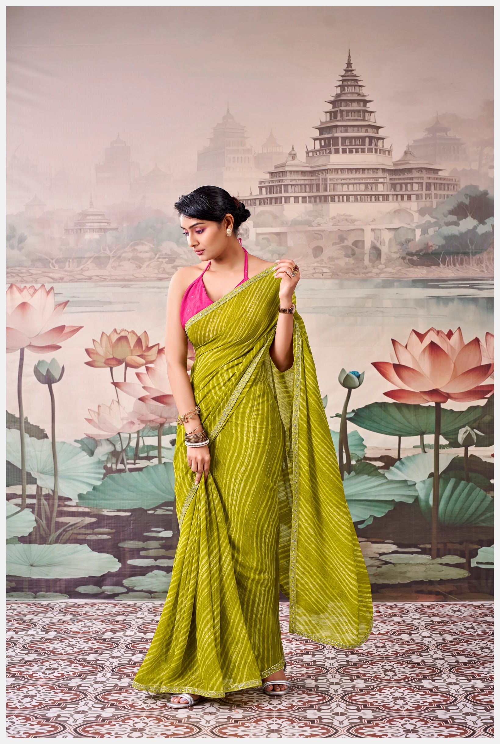 Peachmode Olive Raj Mahal Embroidered Saree - Image 3