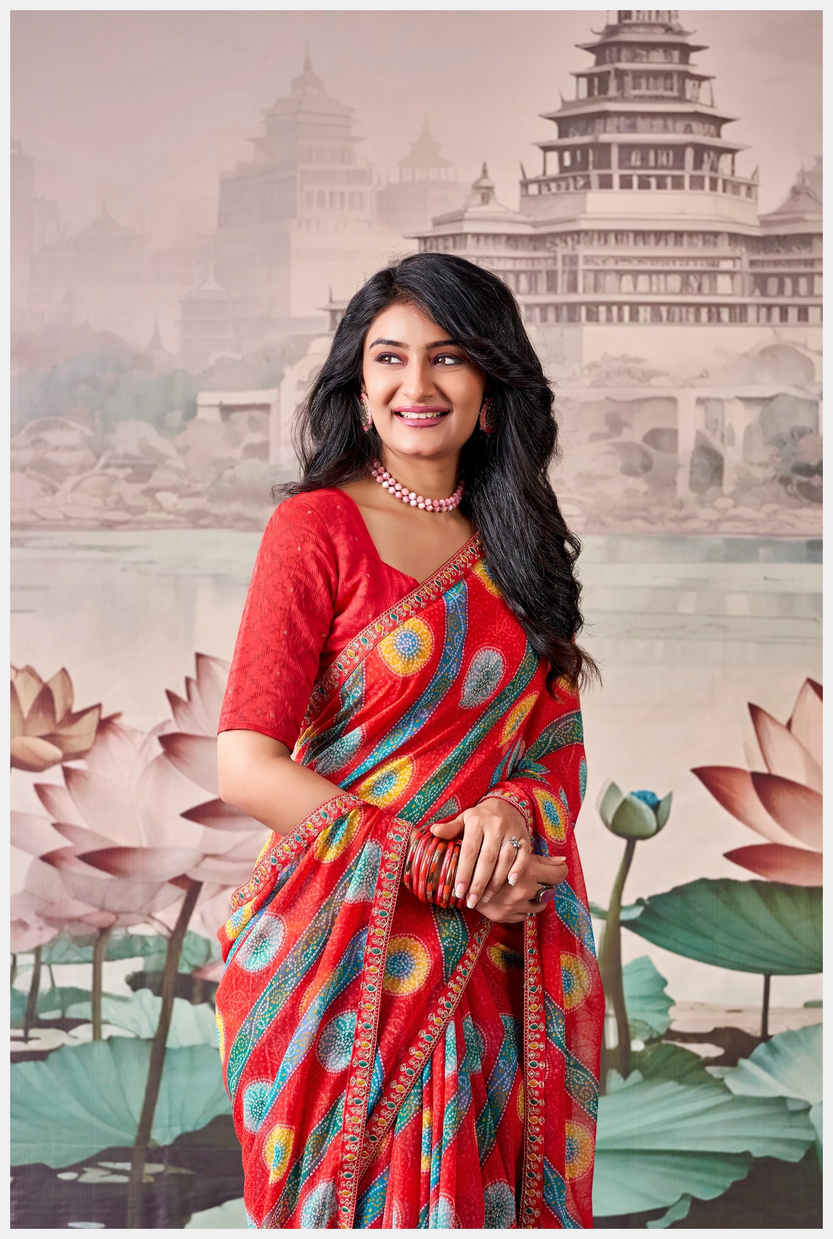 Peachmode Red Raj Mahal Embroidered Saree - Image 4