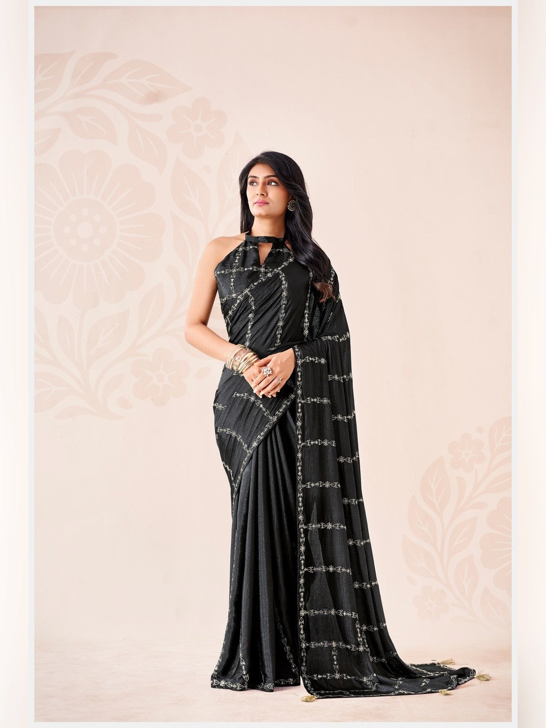 Peachmode Black Pratima Embroidered Saree - Image 1