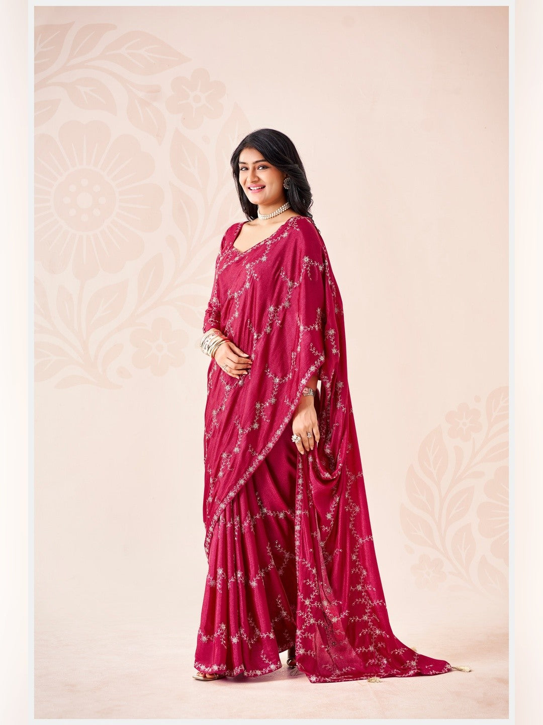 Peachmode Pink Pratima Embroidered Saree - Image 3