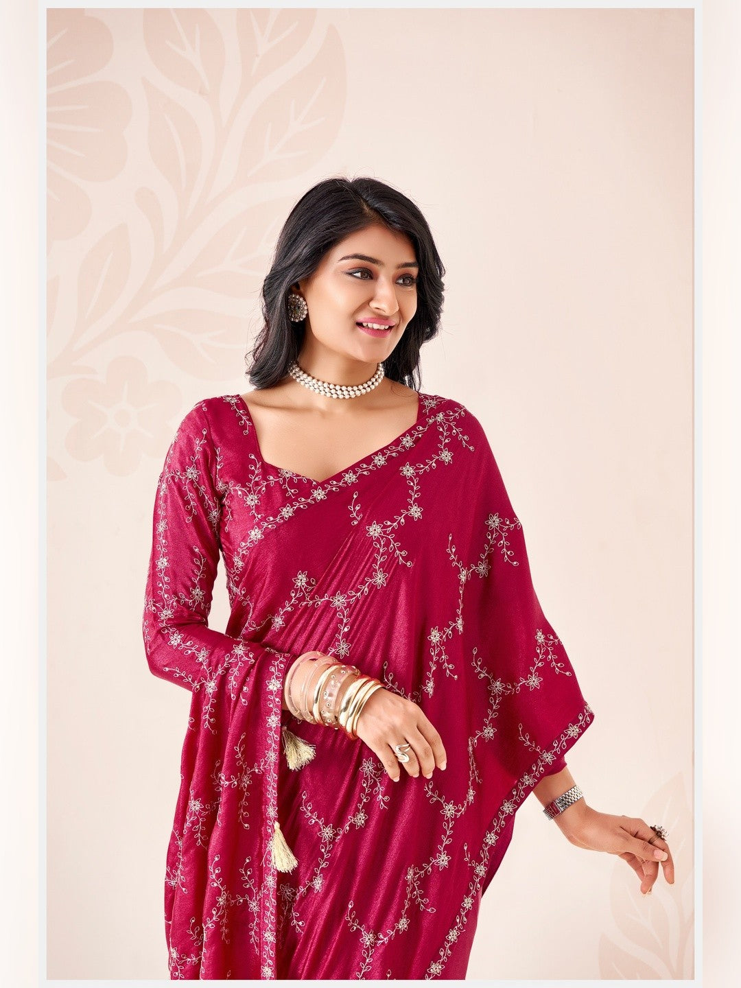 Peachmode Pink Pratima Embroidered Saree - Image 4