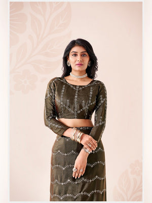 Peachmode Olive Pratima Embroidered Saree - Image 2