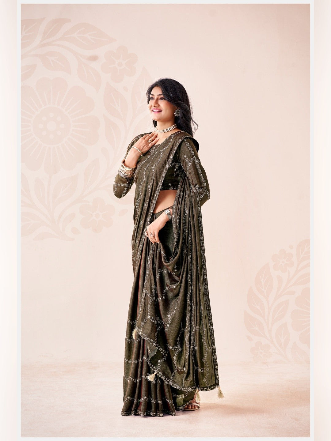 Peachmode Olive Pratima Embroidered Saree - Image 3