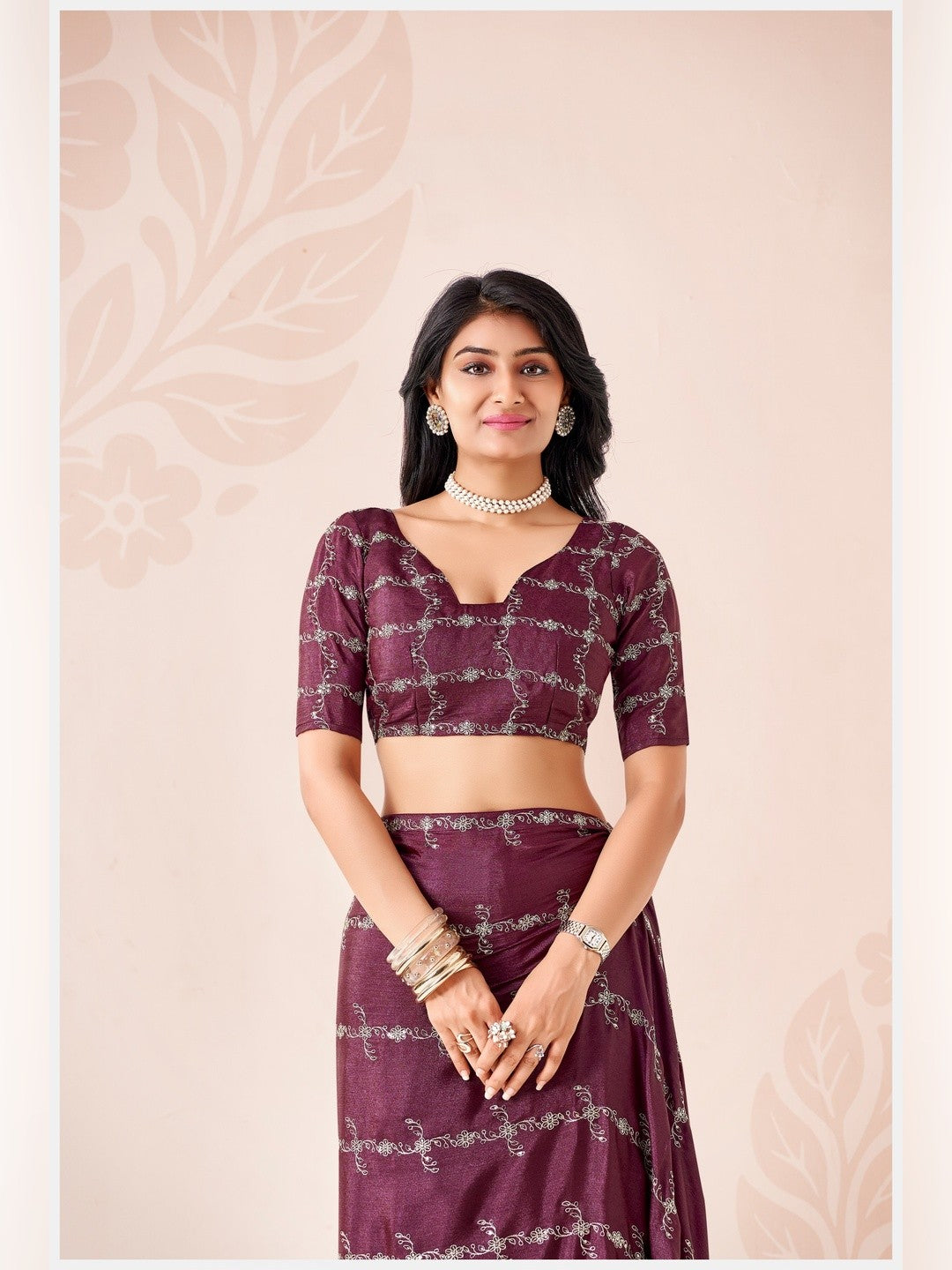 Peachmode Wine Pratima Embroidered Saree - Image 2