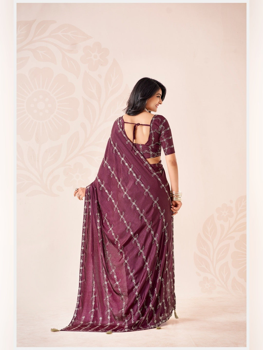 Peachmode Wine Pratima Embroidered Saree - Image 3