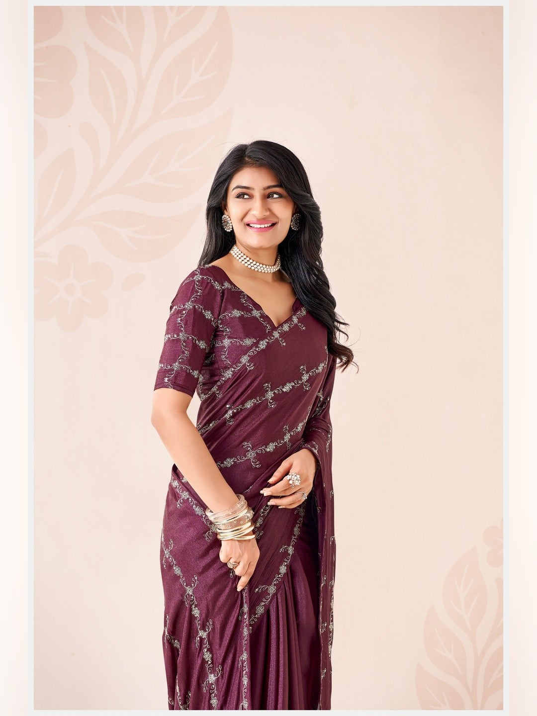Peachmode Wine Pratima Embroidered Saree - Image 5