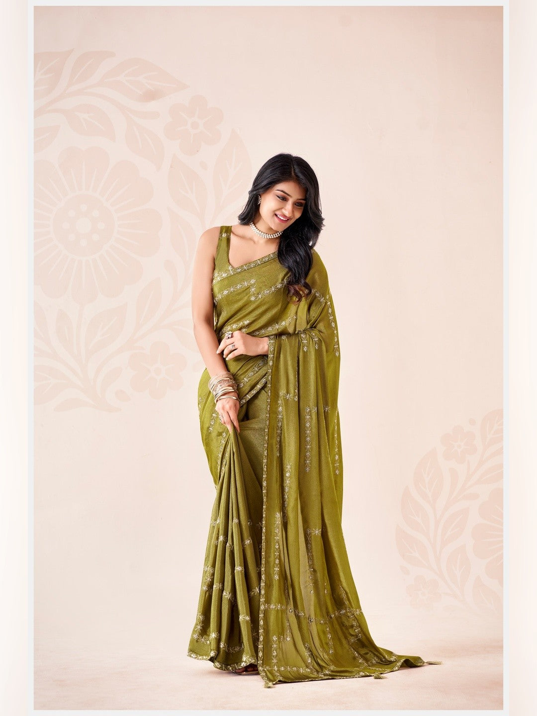 Peachmode Olive Pratima Embroidered Saree - Image 1