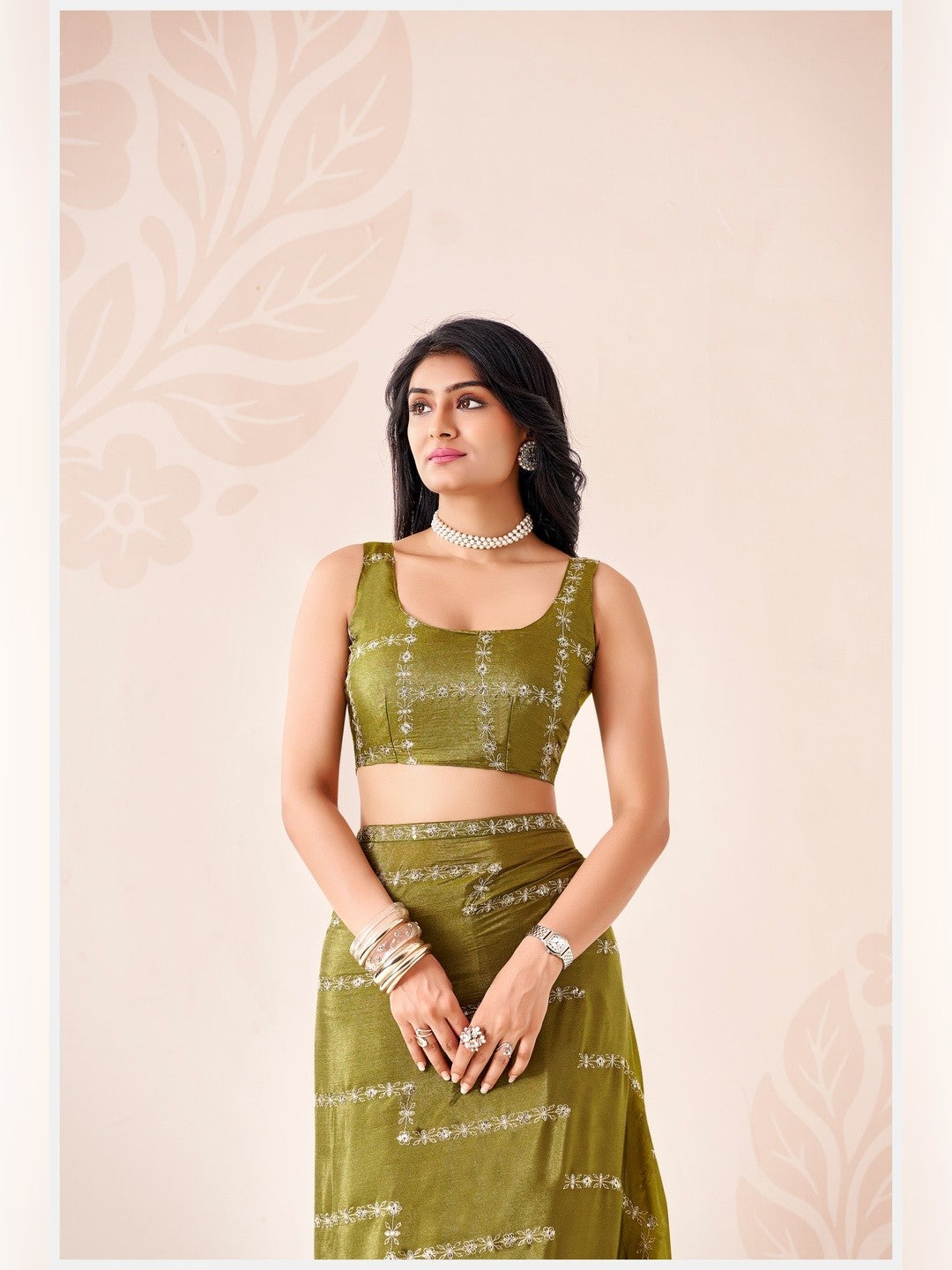 Peachmode Olive Pratima Embroidered Saree - Image 2