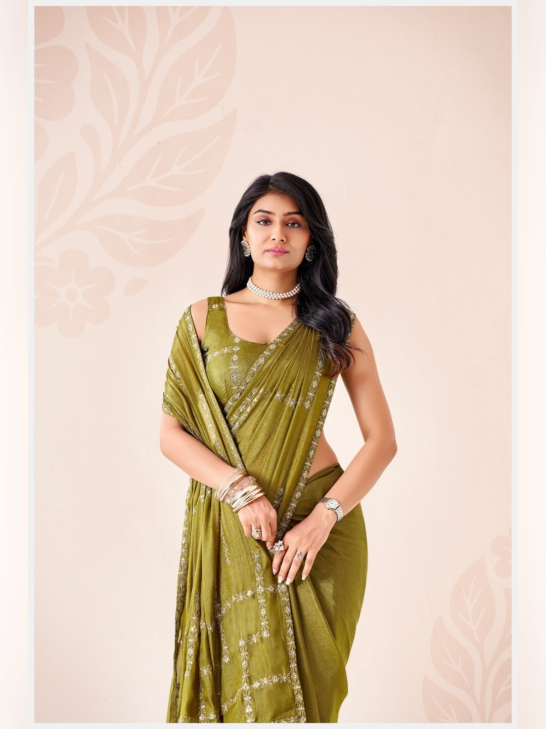 Peachmode Olive Pratima Embroidered Saree - Image 4