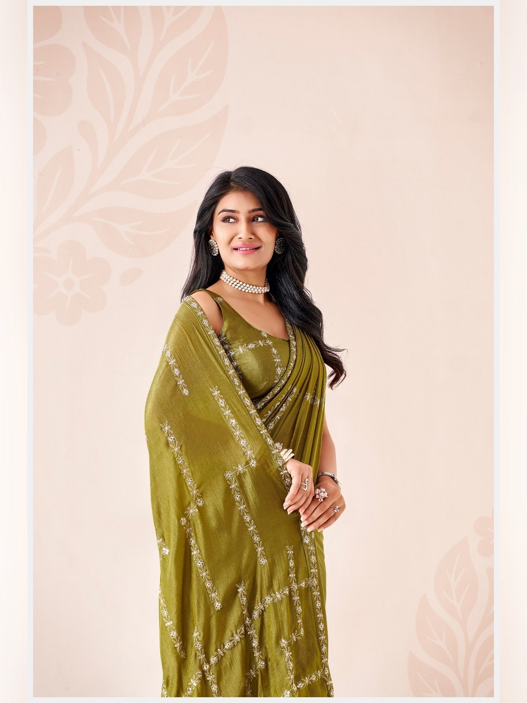 Peachmode Olive Pratima Embroidered Saree - Image 5