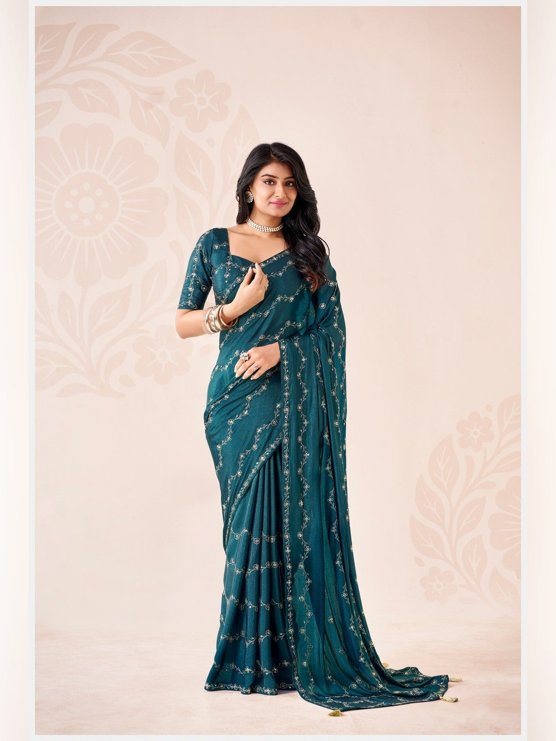 Peachmode Teal Pratima Embroidered Saree - Image 1
