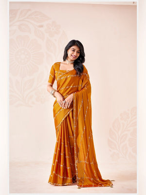 Peachmode Yellow Pratima Embroidered Saree - Image 1