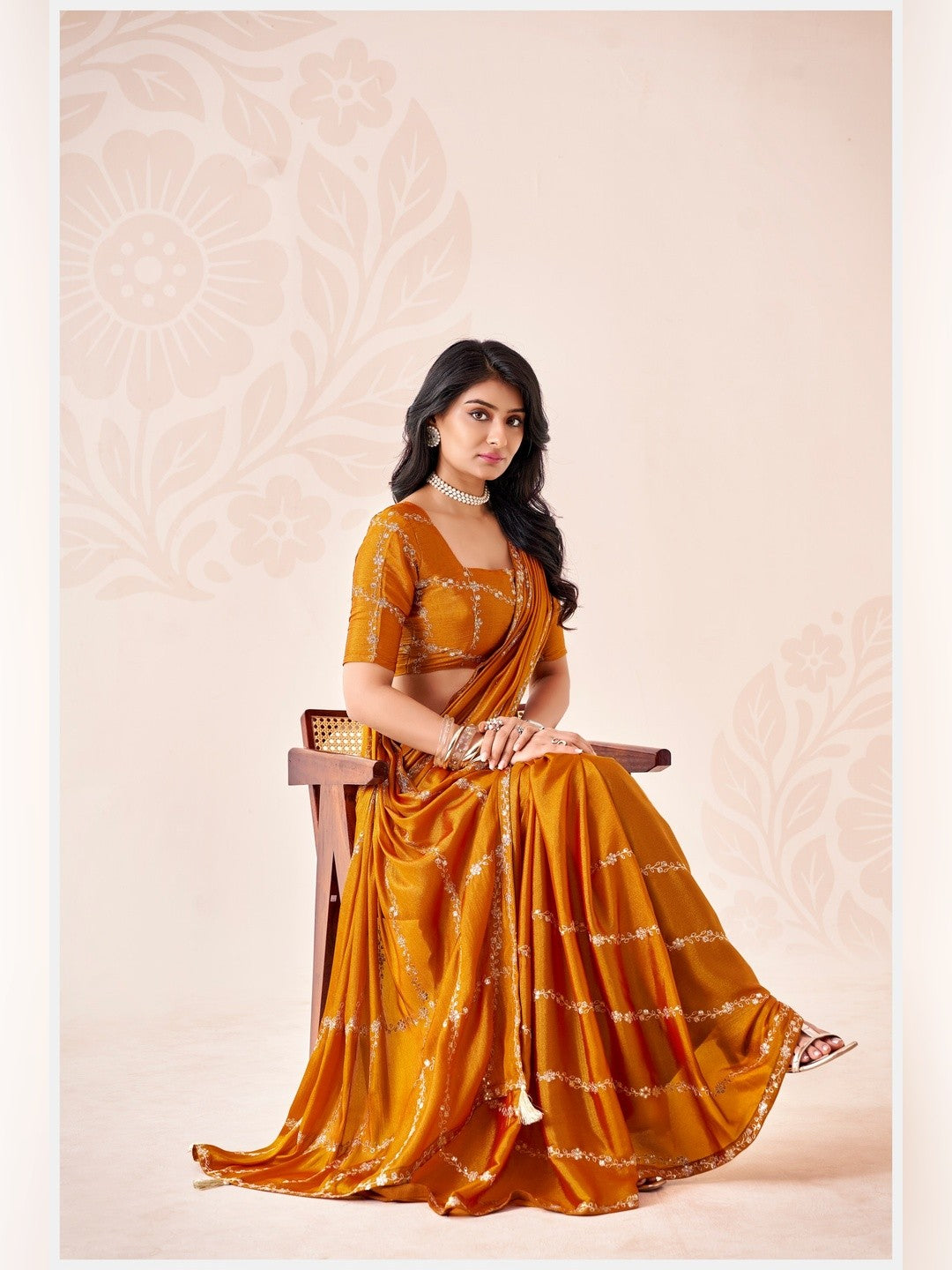 Peachmode Yellow Pratima Embroidered Saree - Image 4