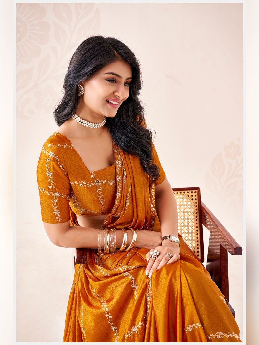 Peachmode Yellow Pratima Embroidered Saree - Image 5