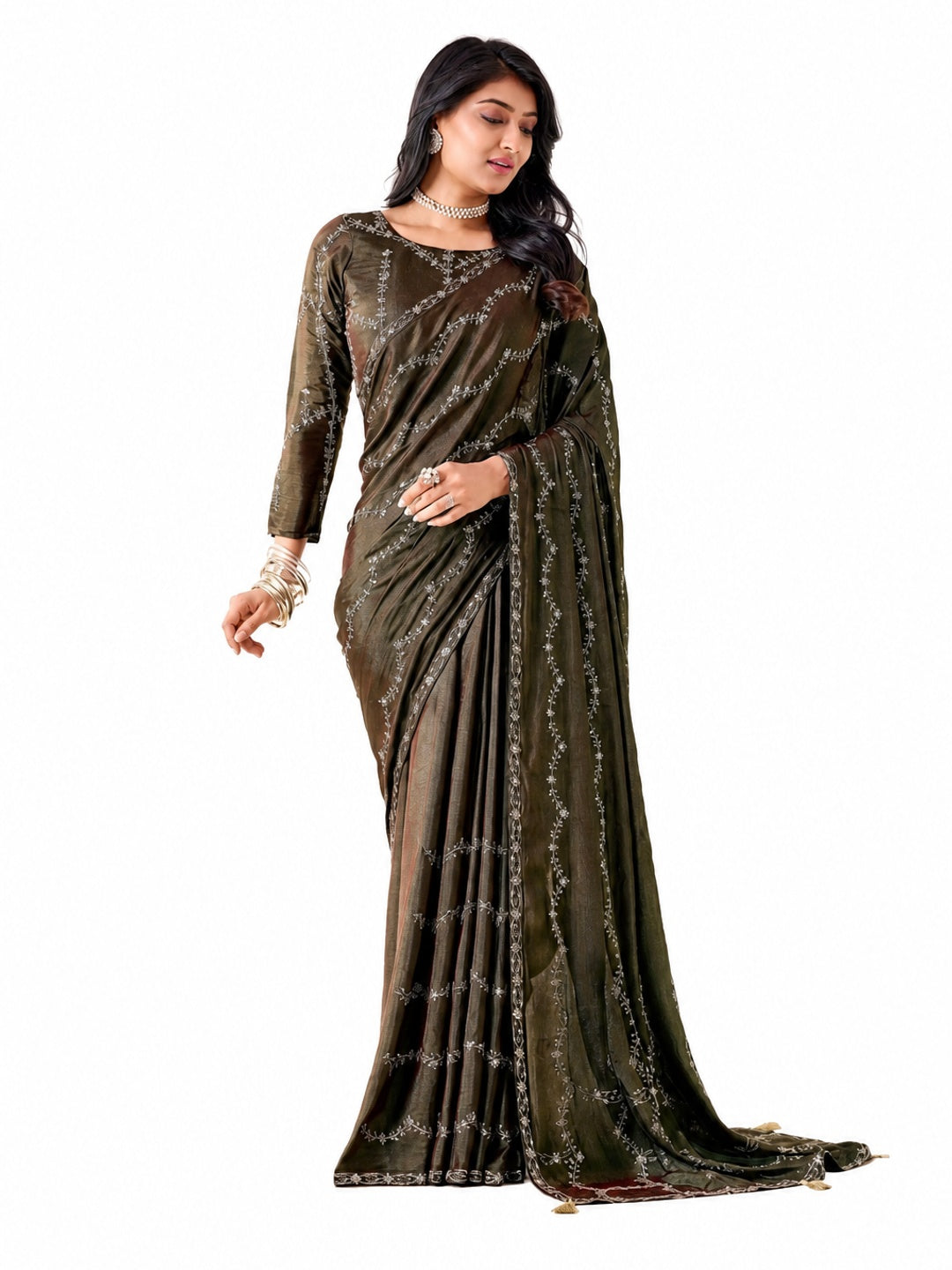 Peachmode Olive Pratima Embroidered Saree - Image 6