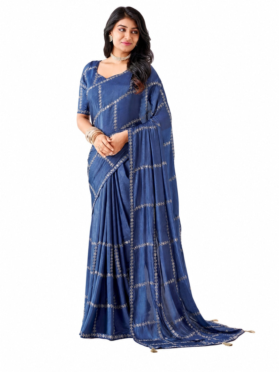 Peachmode Blue Pratima Embroidered Saree - Image 6