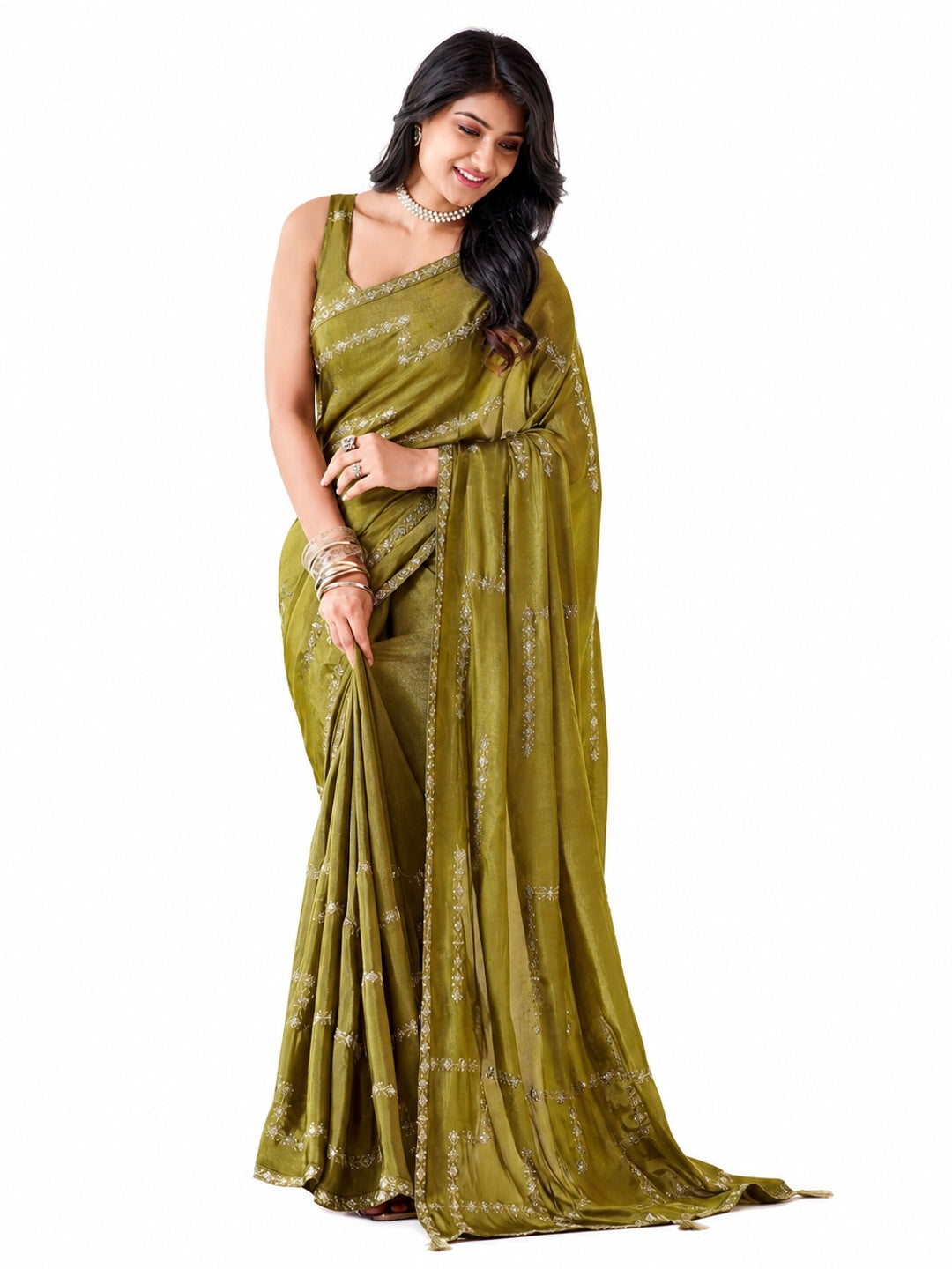 Peachmode Olive Pratima Embroidered Saree - Image 6
